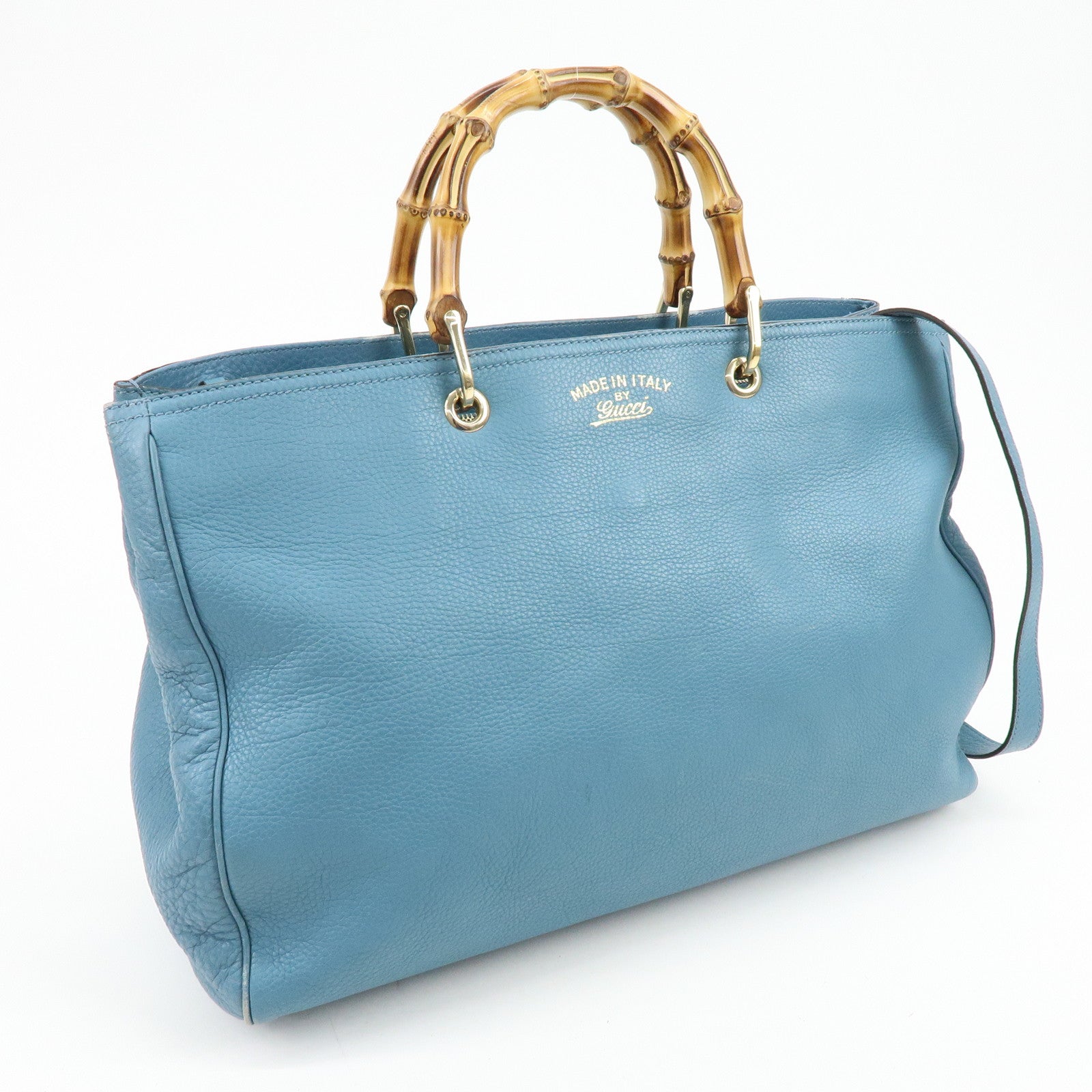 GUCCI Bamboo Shopper Large Leather Tote Bag 2Way Bag Blue 323658