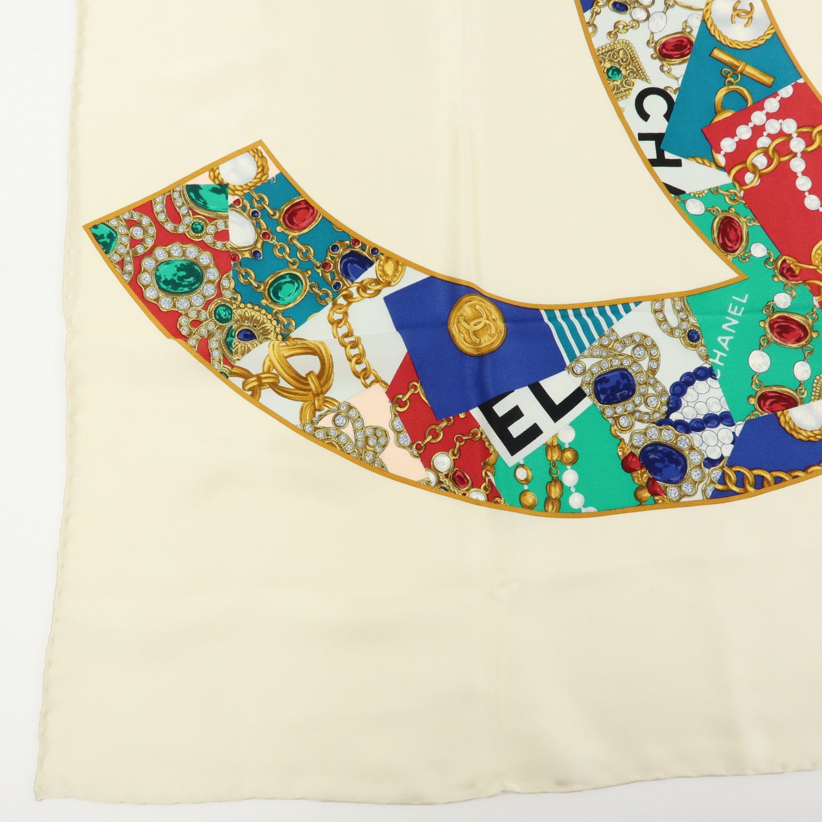 CHANEL COCO Mark Silk 100% Scarf Jewelry Motif Ivory Green