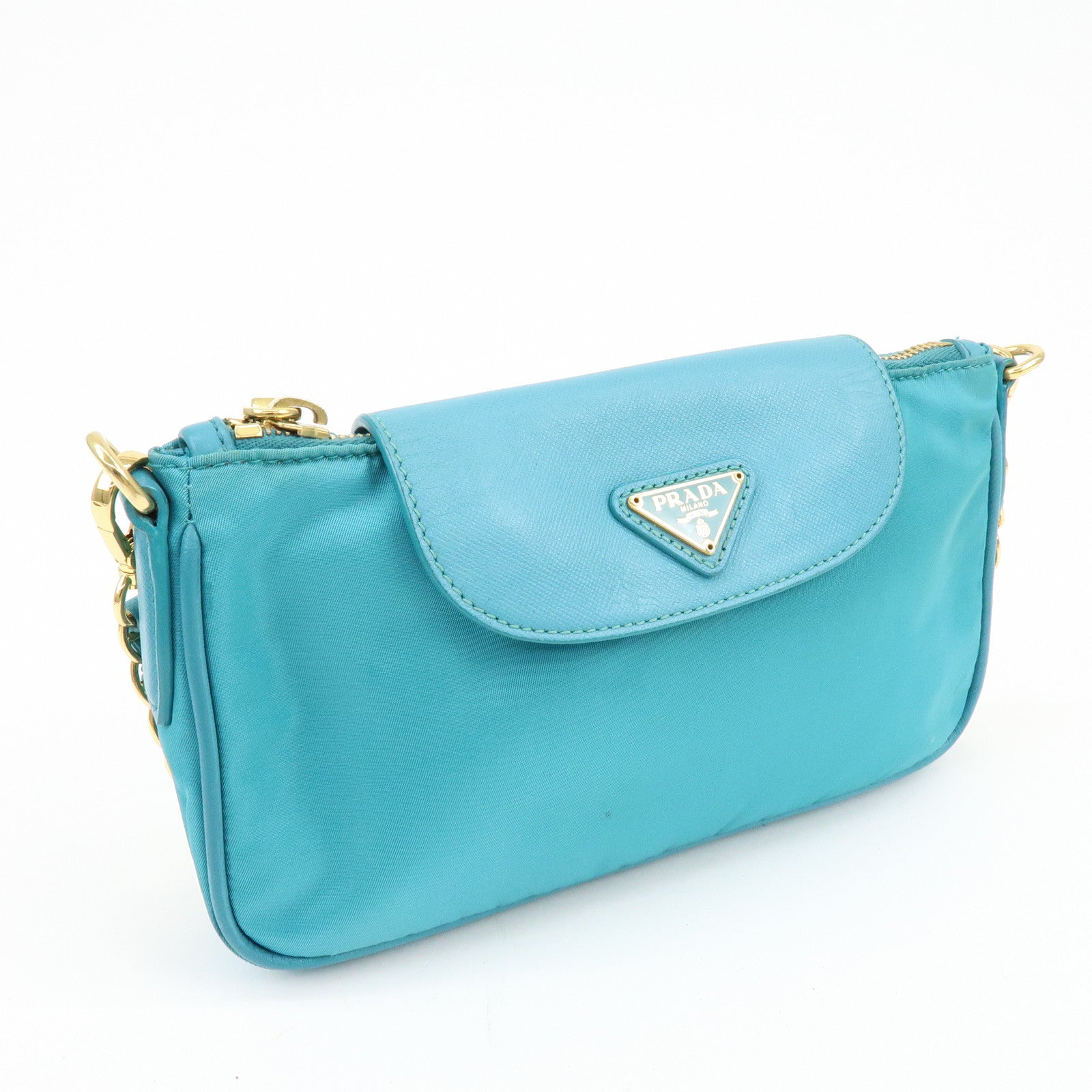 PRADA Triangle Logo Nylon Saffiano Leather Shoulder Bag Blue