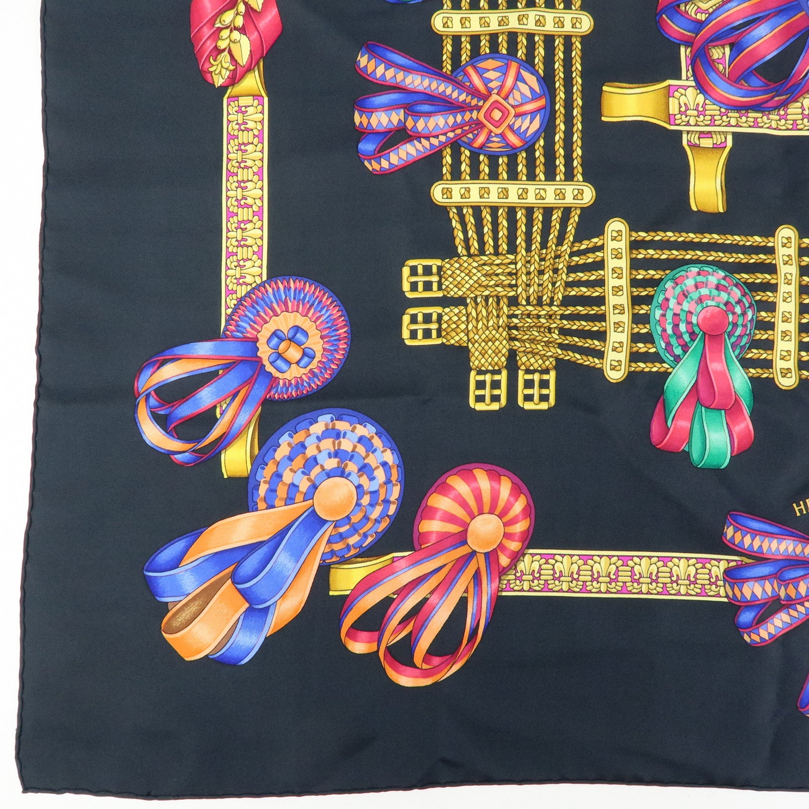 HERMES Carre 90 Silk 100% LES RUBANS DU CHEVAL Scarf Black Yellow
