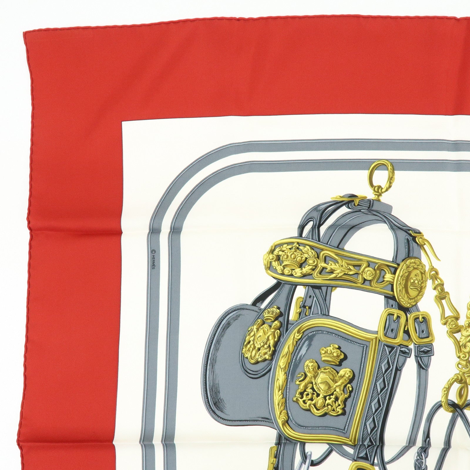 HERMES Carre 90 Silk 100% BRIDES DE GALA Scarf Red Gold