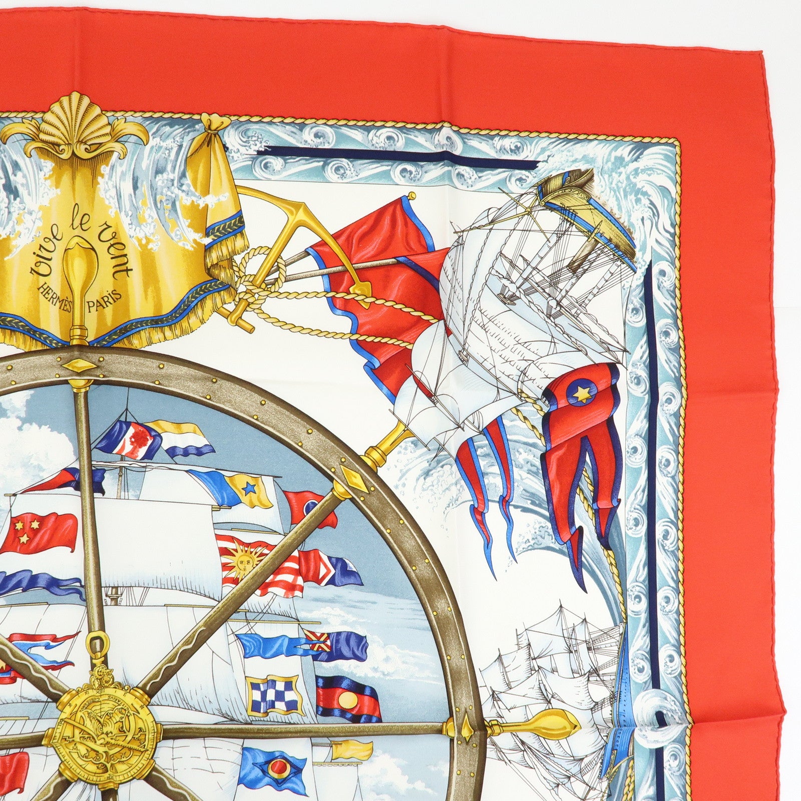 HERMES Carre 90 Silk 100% Scarf VIVE LE VENT Red White