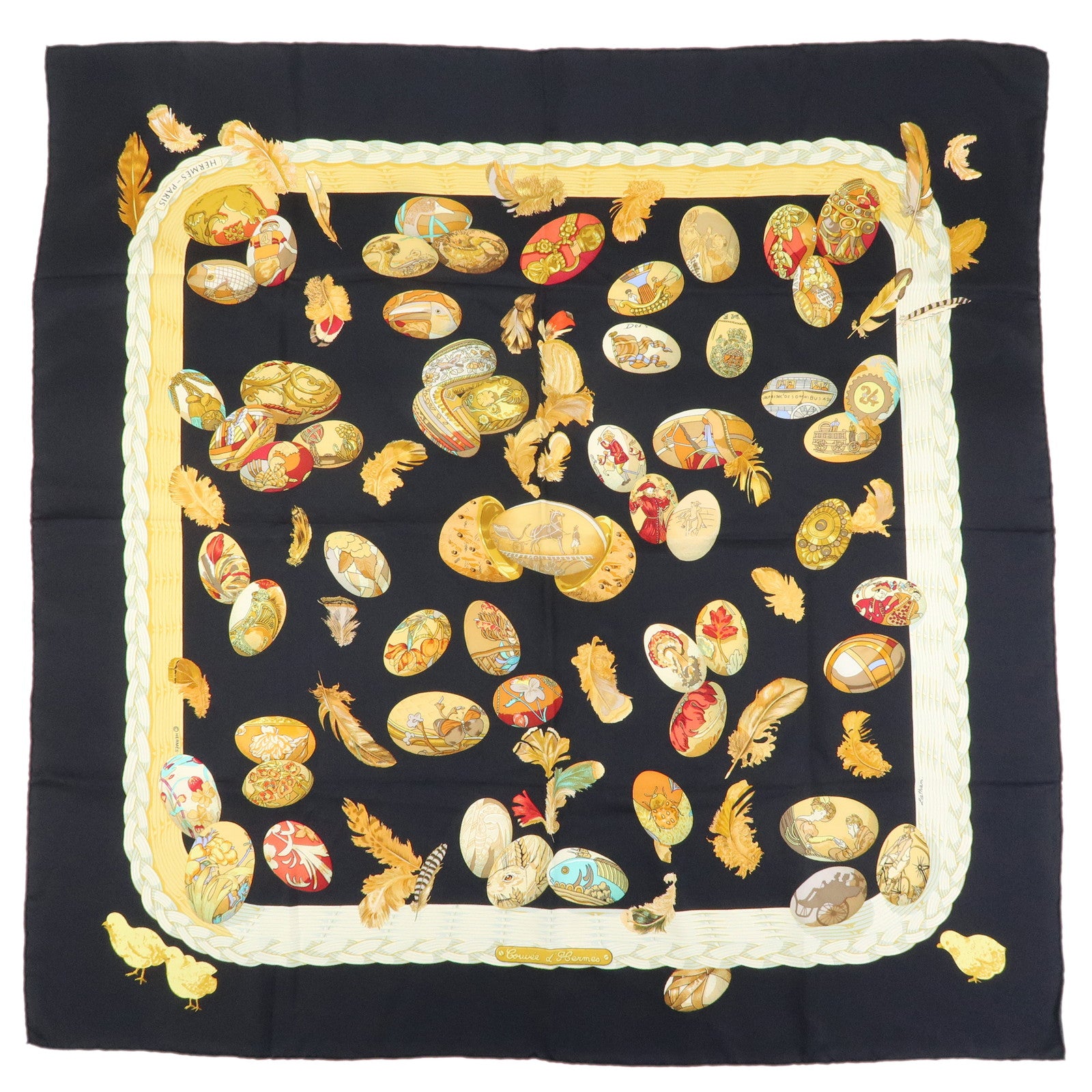 HERMES Carre 90 Silk 100% Scarf COUVEE D HERMES Black