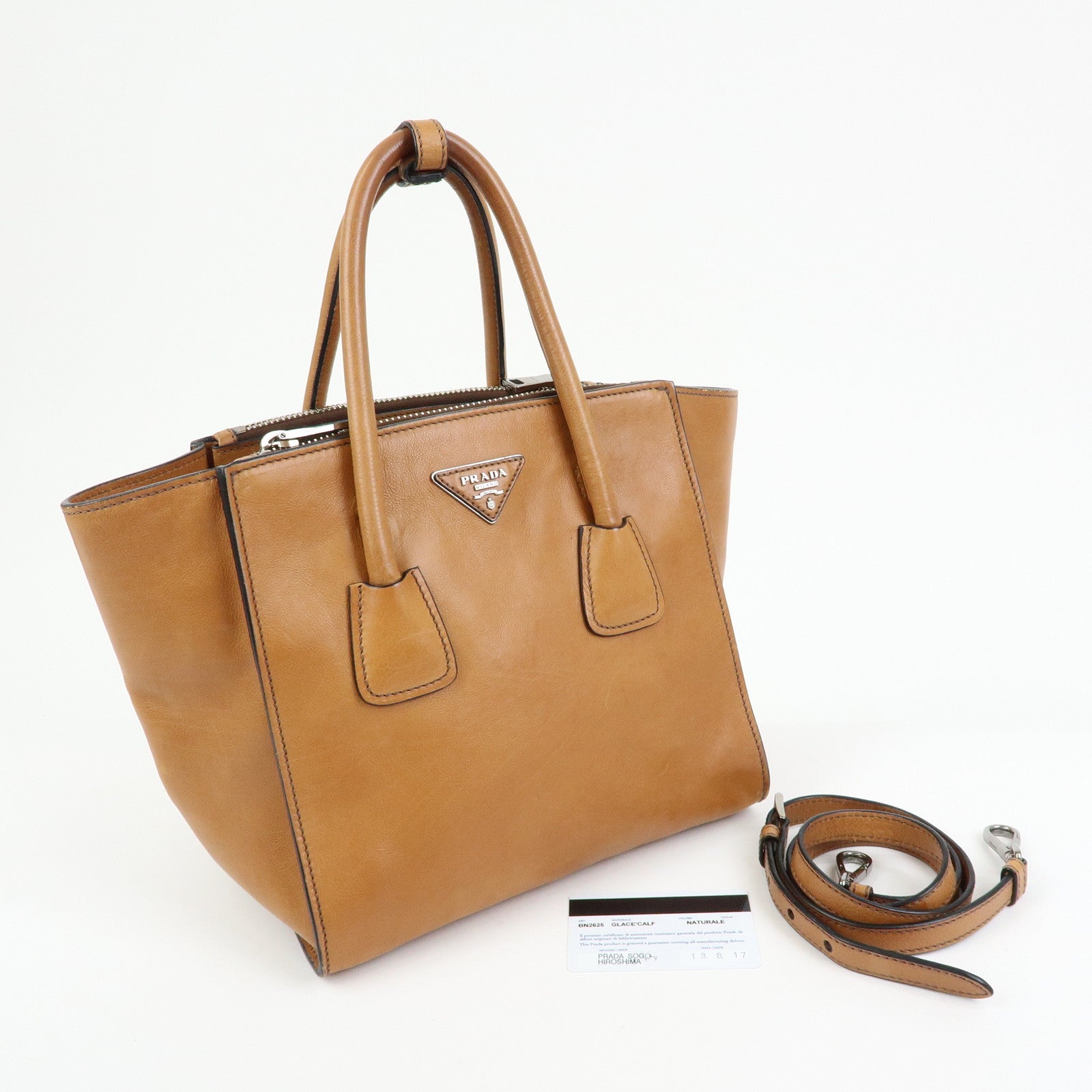 PRADA Triangle Logo Calf Leather 2Way Bag Hand Bag Brown BN2625