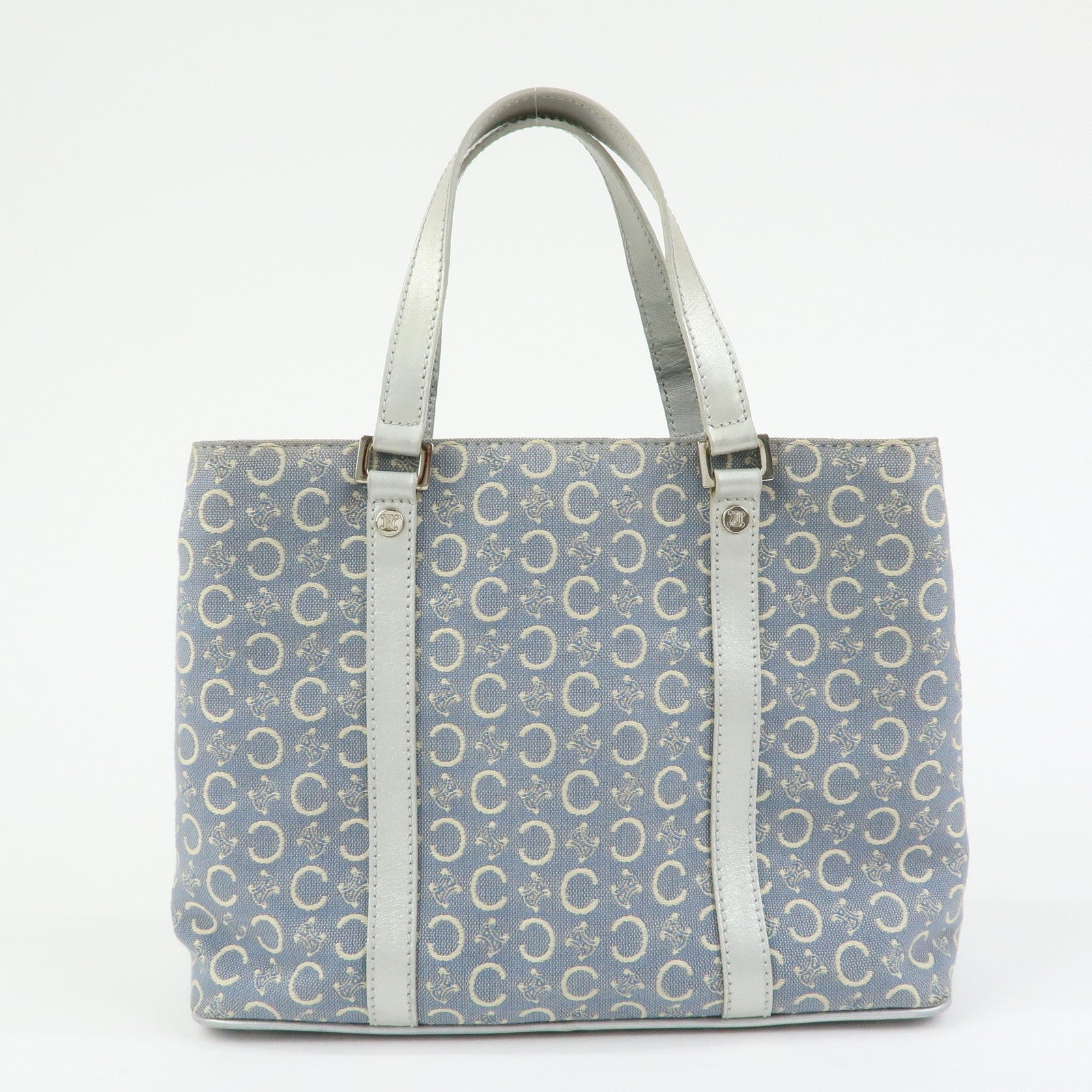 CELINE C Macadam Canvas Leather Tote Bag Hand Bag Light Blue Silver