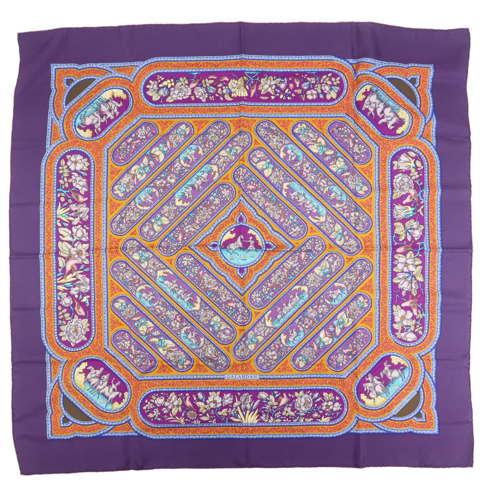 HERMES Carre 90 Silk 100% Scarf QALAMDAN Purple Orange