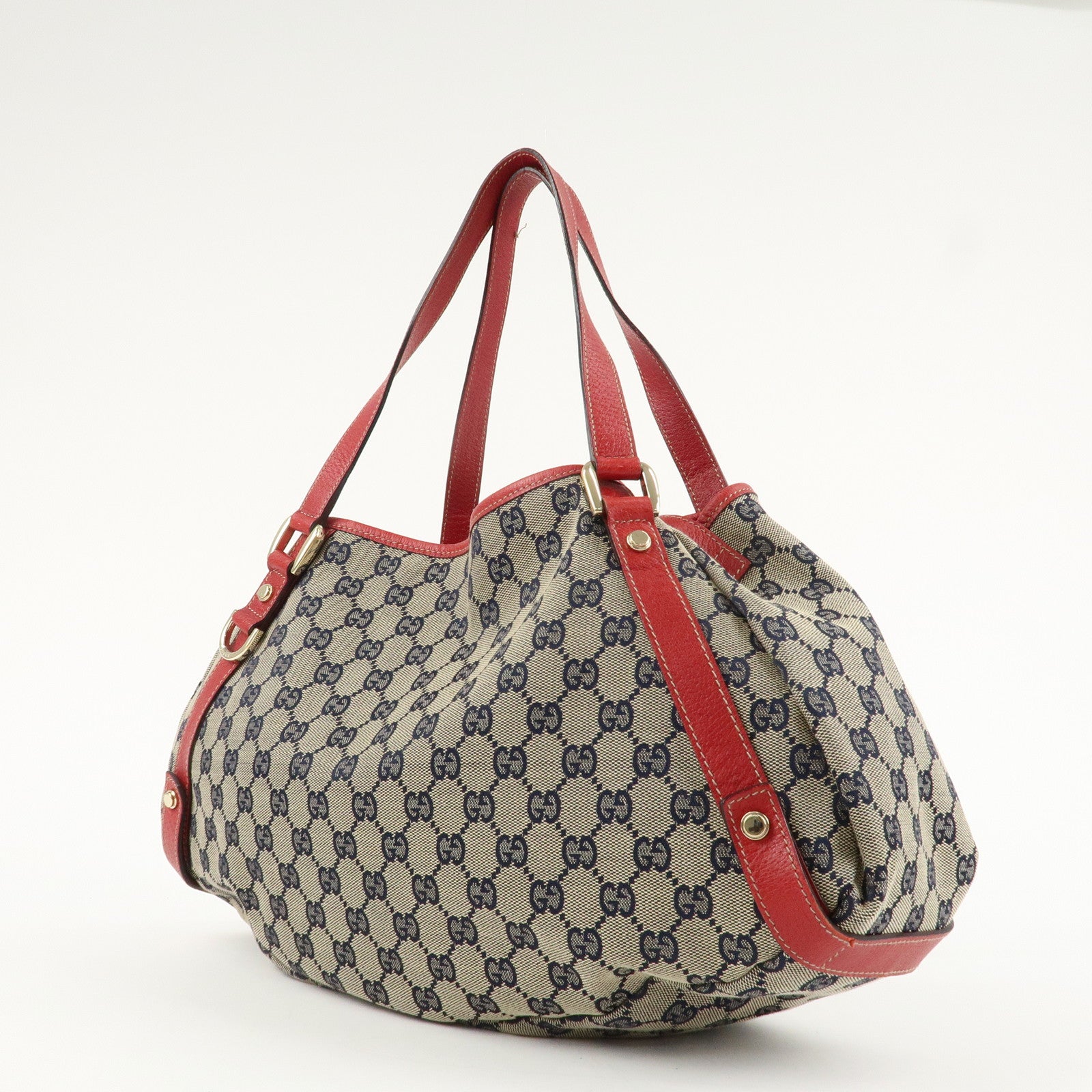 GUCCI Abbey GG Canvas Leather Tote Bag Shoulder Bag Navy Red 130736 Used