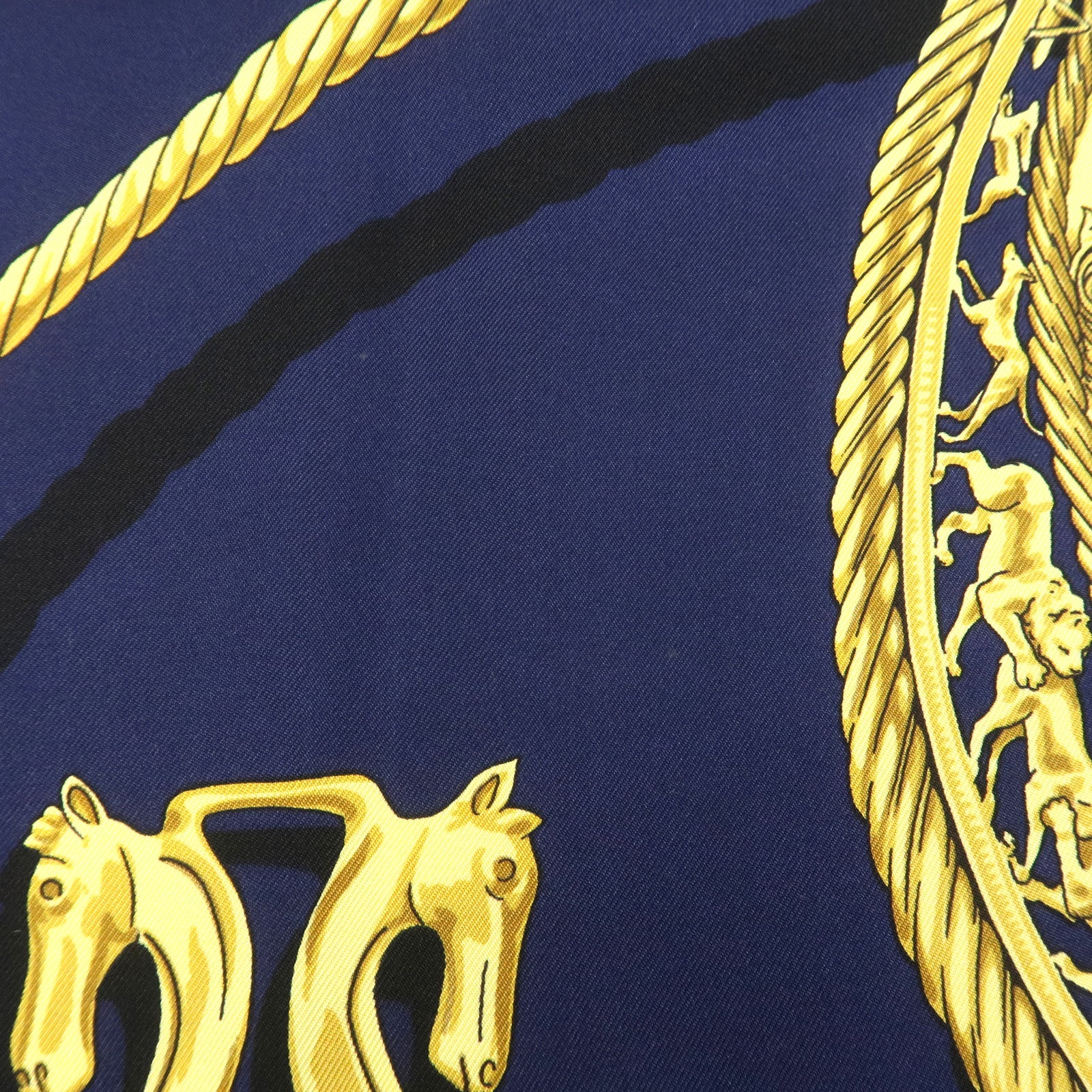 HERMES Carre 90 Silk 100% Scarf LES CAVALIERS D'OR Navy Gold