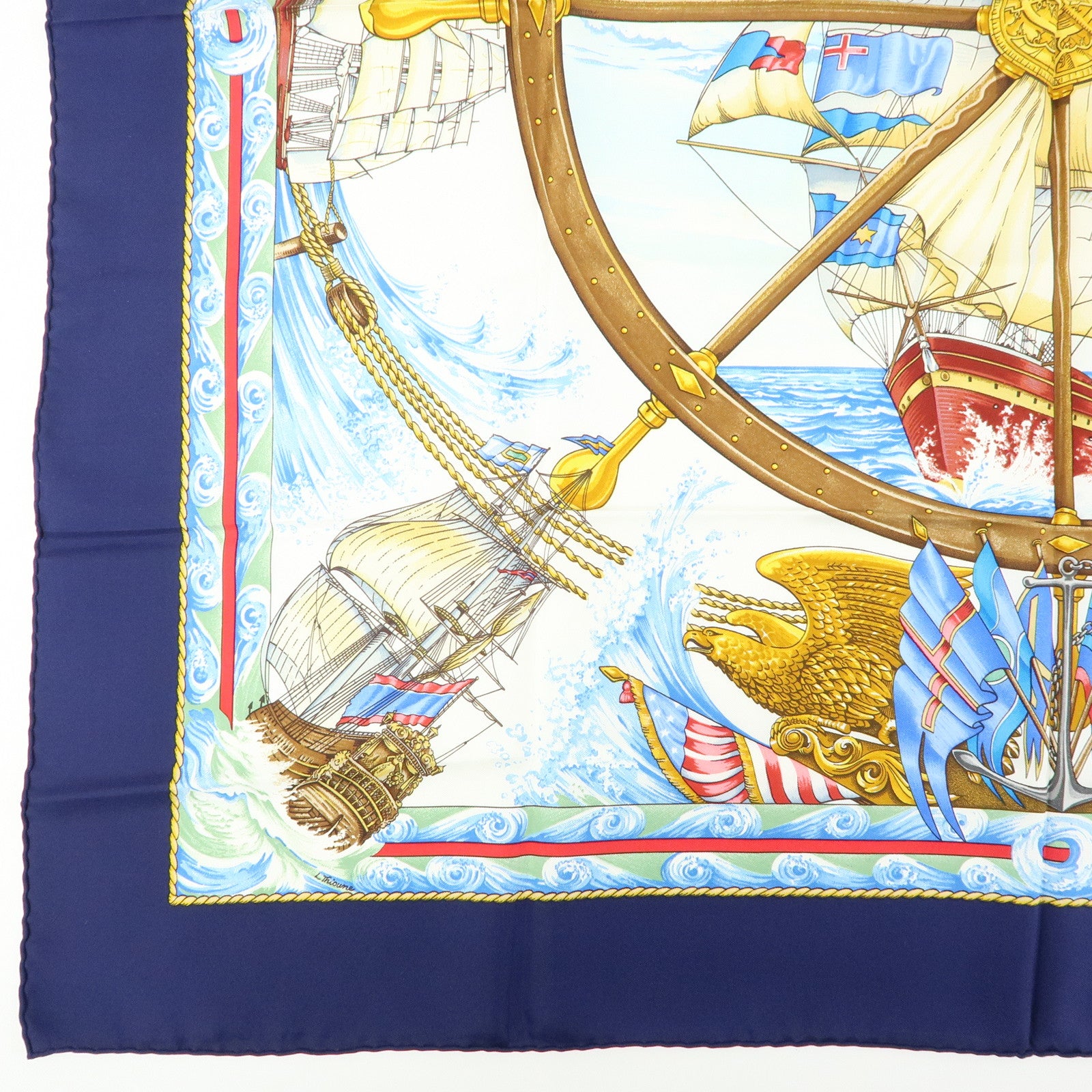 HERMES Carre 90 Silk 100% Scarf VIVE LE VENT Navy Blue Yellow White