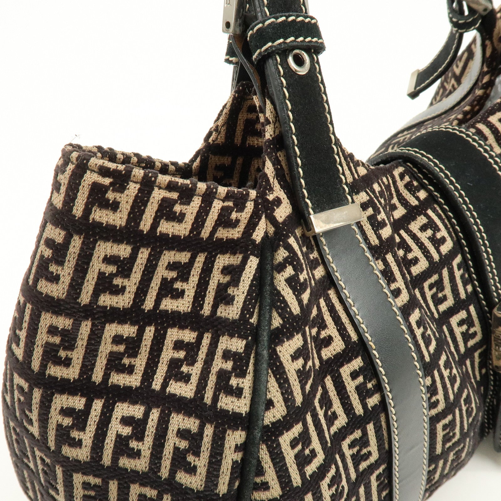 FENDI Zucchino Canvas Suede Leather Tote Bag Black Beige 8BR091