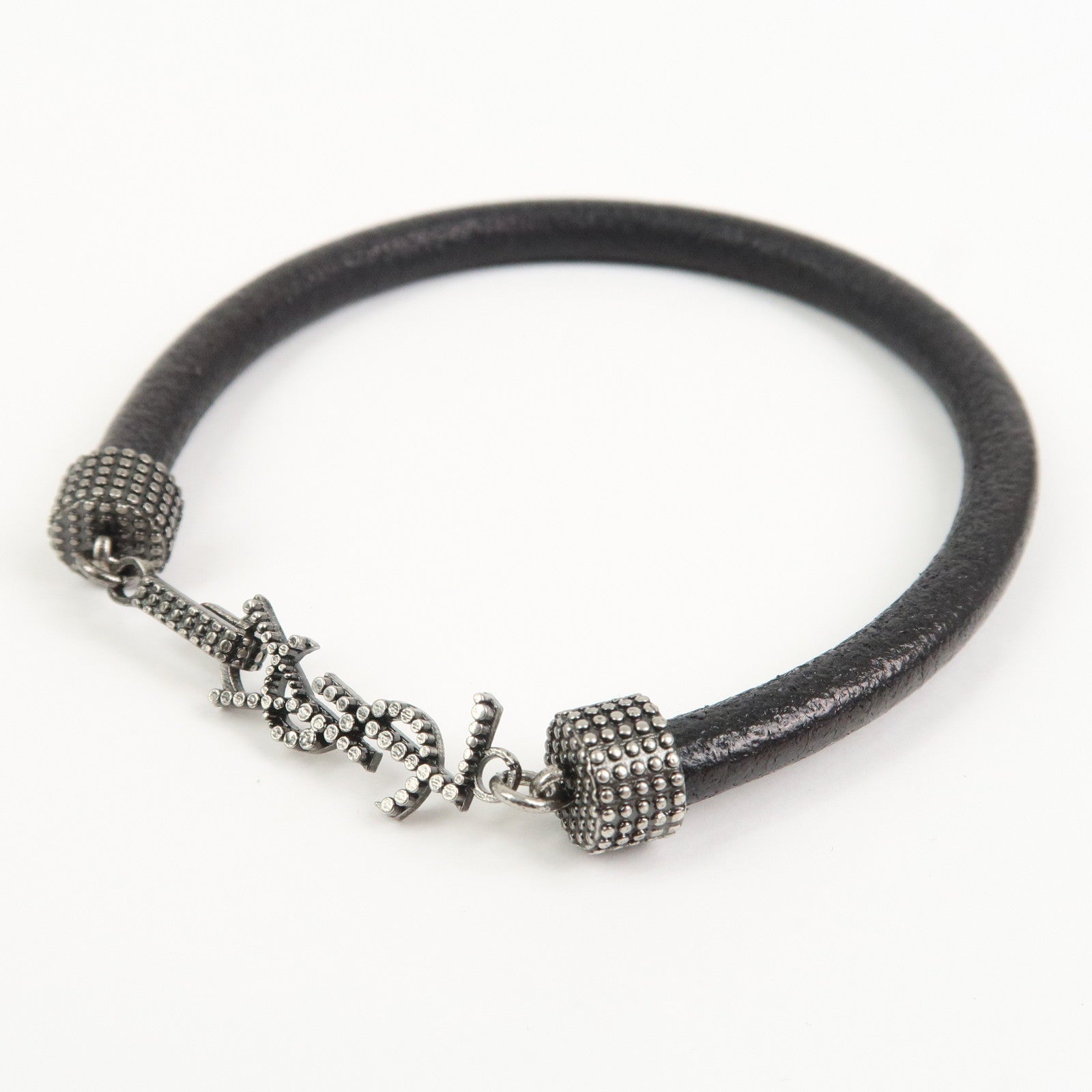 SAINT LAURENT Cassandre Logo Leather Metal Bracelet Black