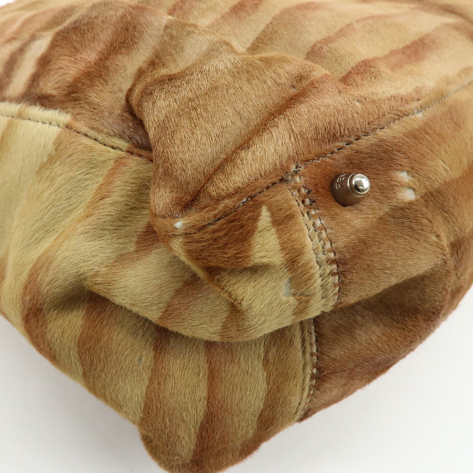 FENDI Calf Hair Leather Animal Pattern Tote Bag Hand Bag Brown