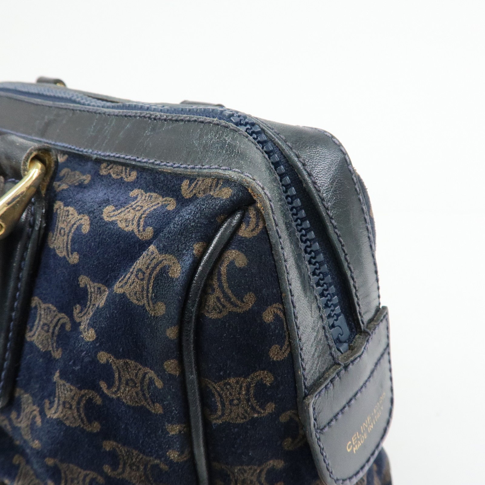 CELINE Macadam Leather Suede Hand Bag Boston Bag Navy