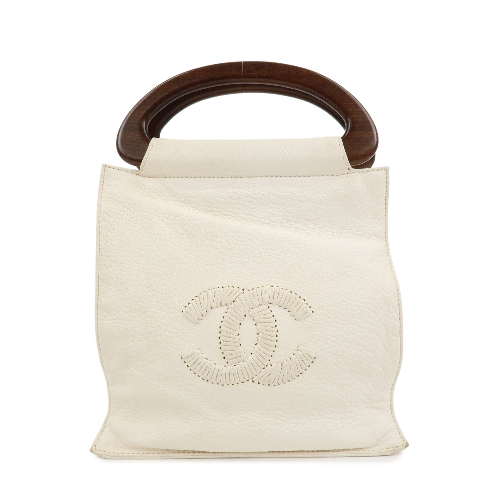 CHANEL COCO Mark Leather Wood Hand Bag Ivory