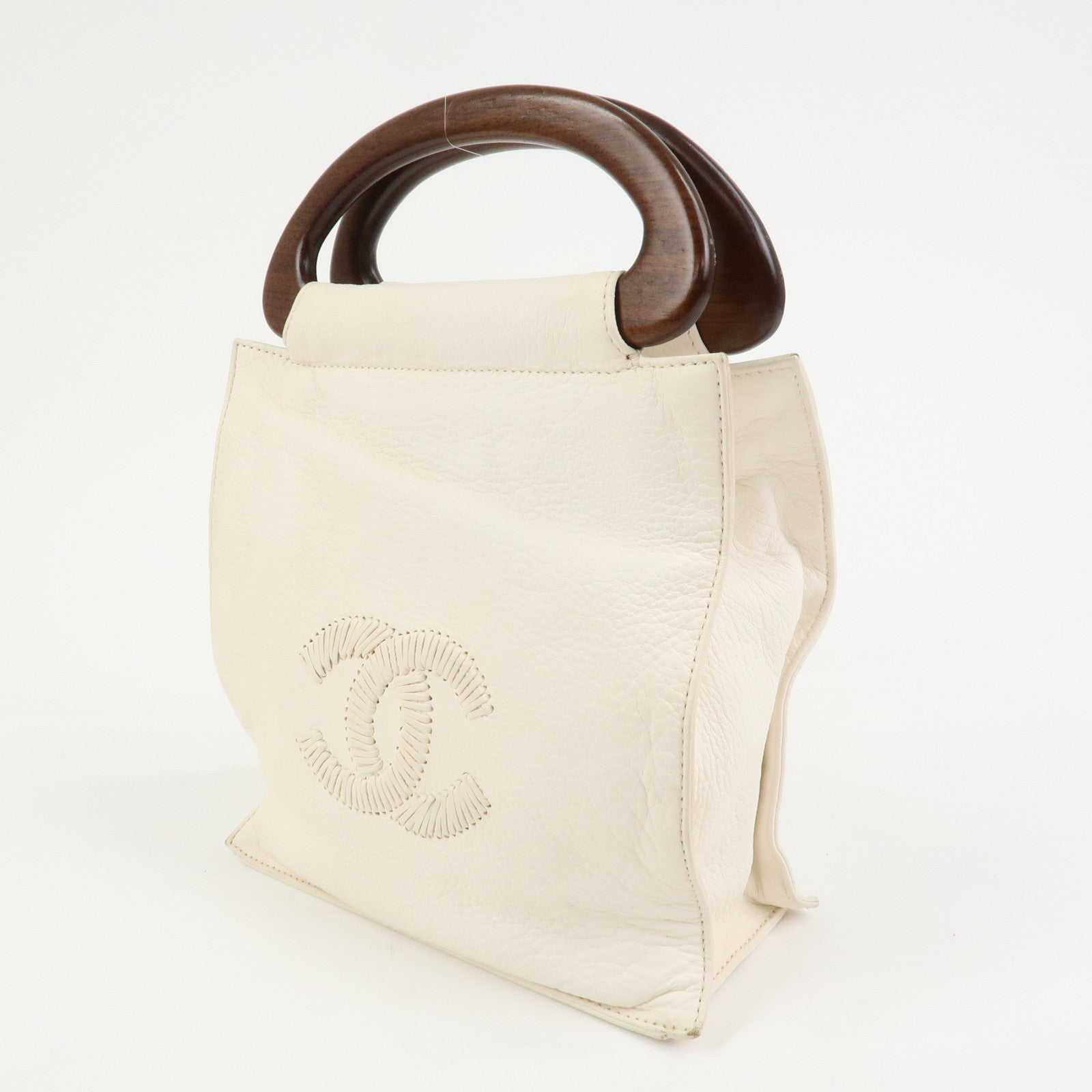 CHANEL COCO Mark Leather Wood Hand Bag Ivory