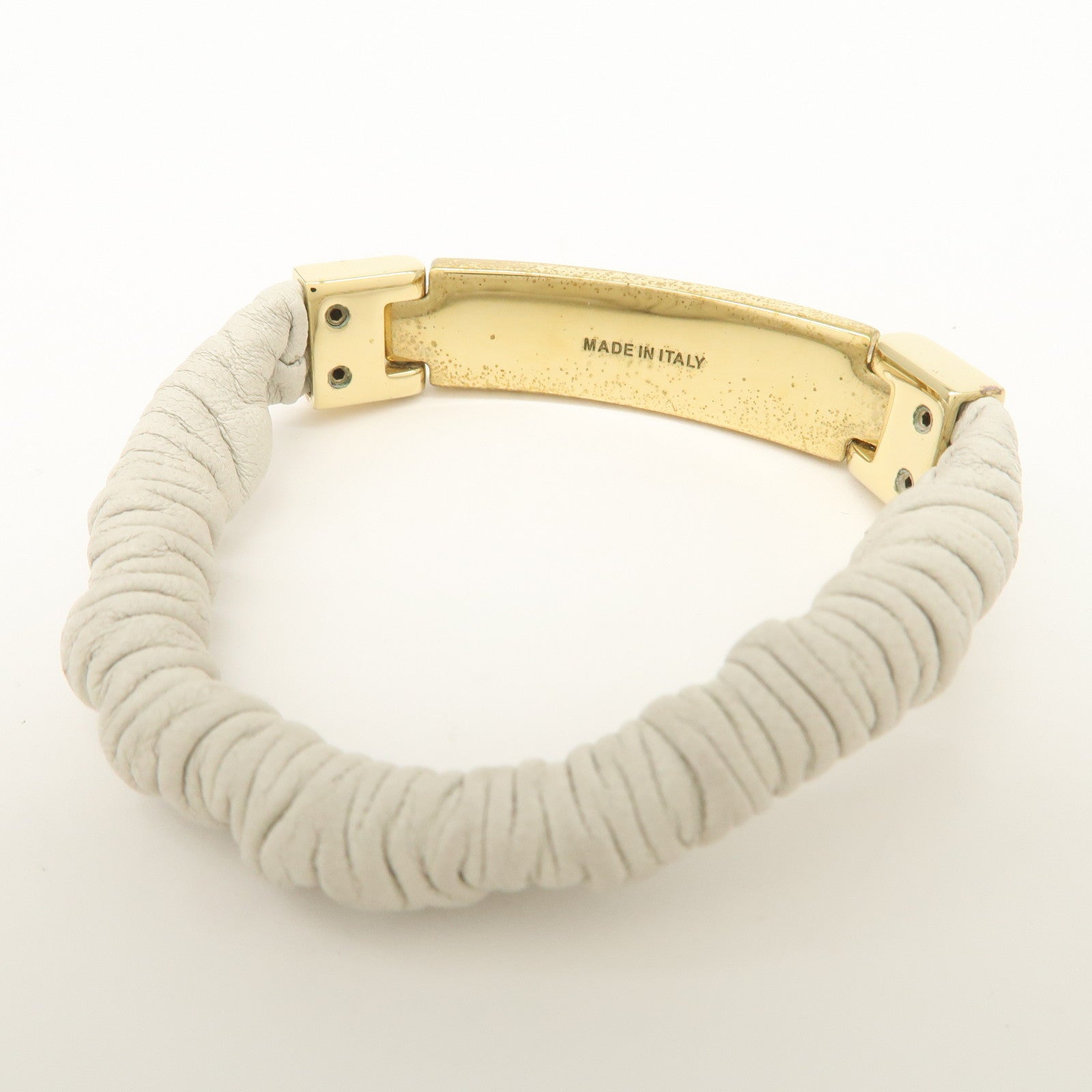 MIU MIU Leather Logo Plate Gathered Bracelet Ivory Gold 5IB425