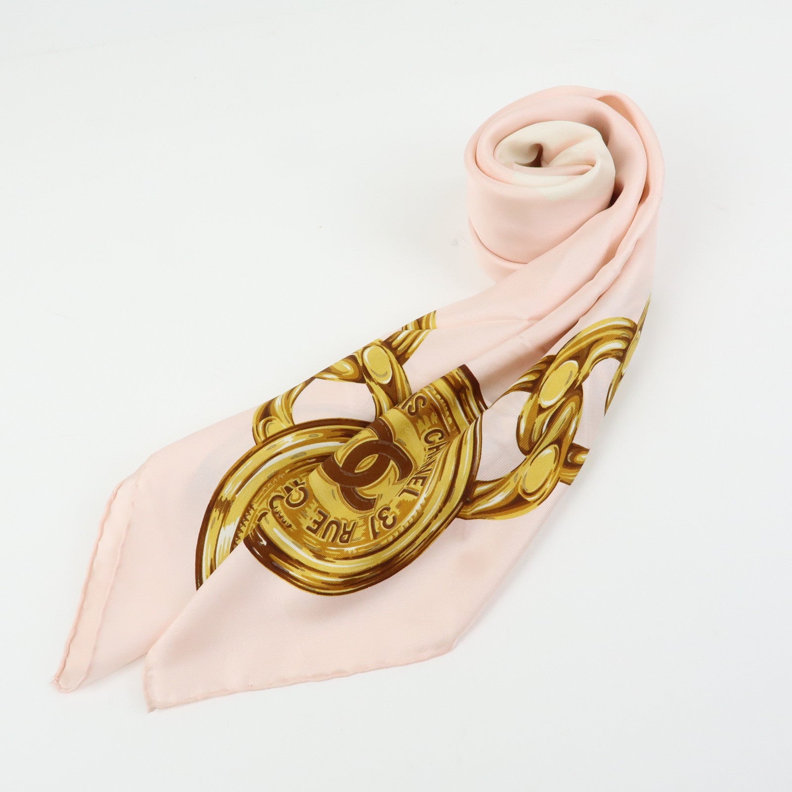 CHANEL COCO Mark Silk 100% Scarf Chain Pearl Motif Pink