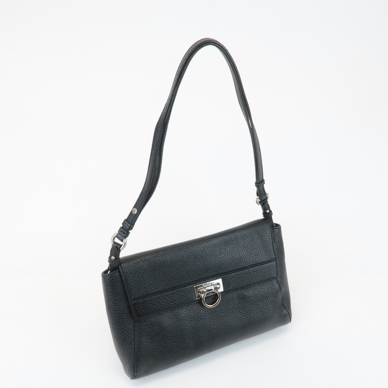 Ferragamo Gancini Leather 3Way Shoulder Bag Hand Bag Black Silver HDW Used