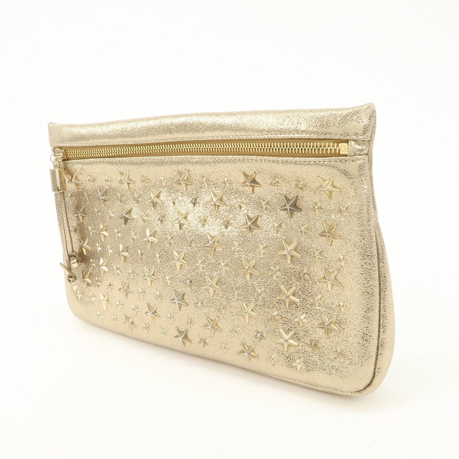 JIMMY CHOO Star Studs Leather Clutch Bag Gold Used