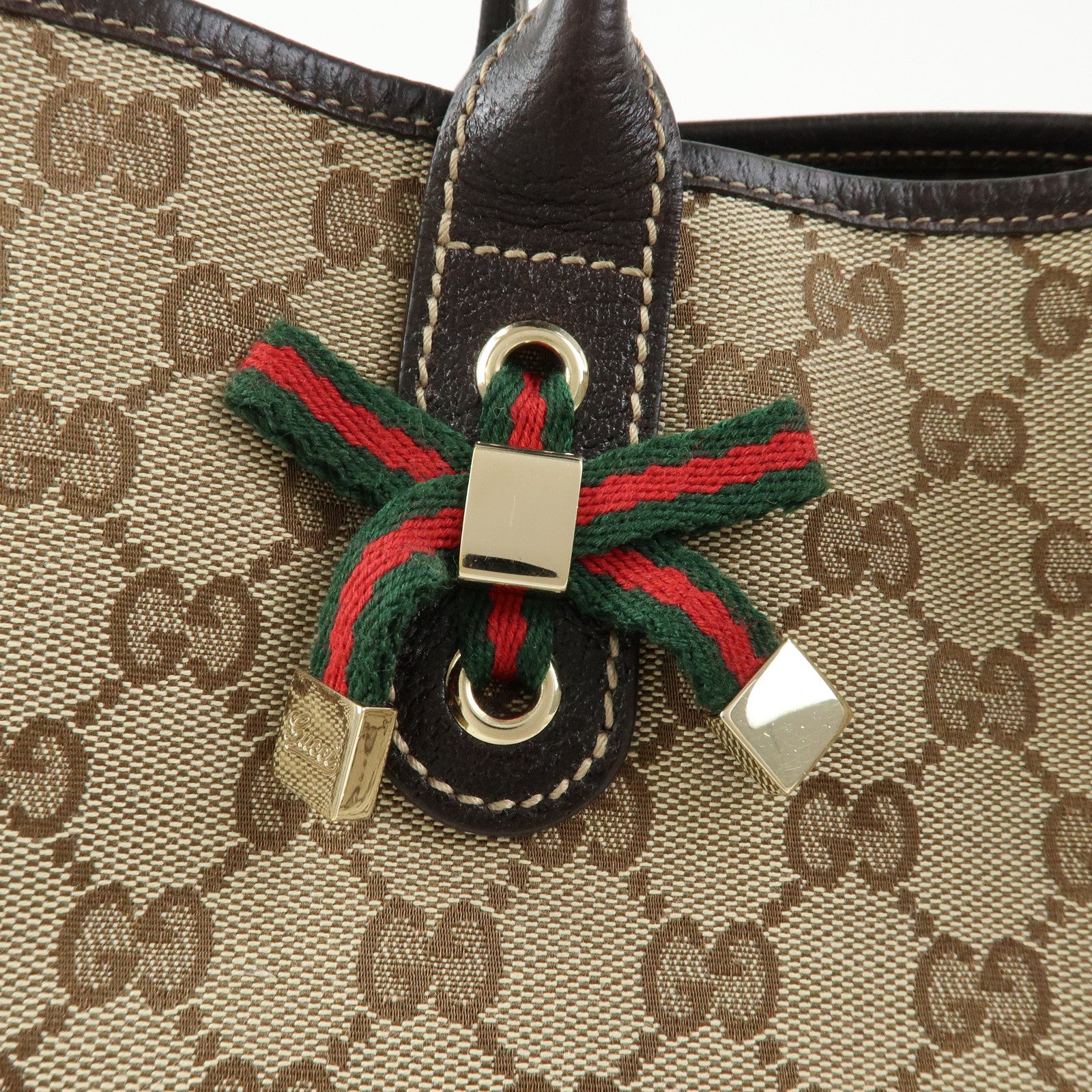 GUCCI Princy GG Canvas Leather Tote Bag Beige Dark Brown 161719