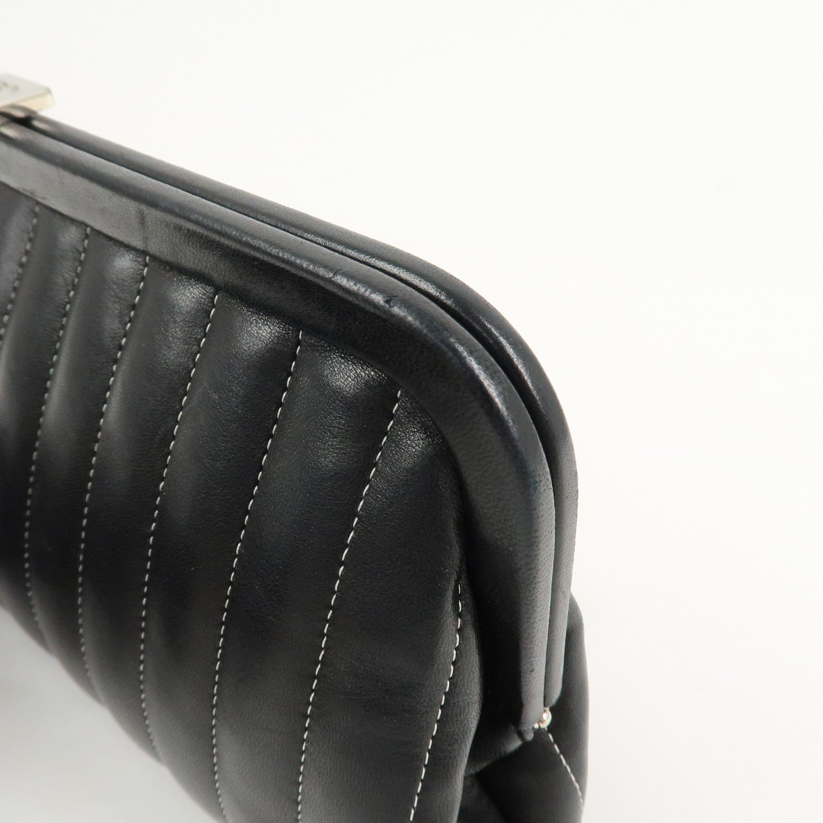 CHANEL Mademoiselle Line Lamb Skin Clutch Bag Hand Bag Black