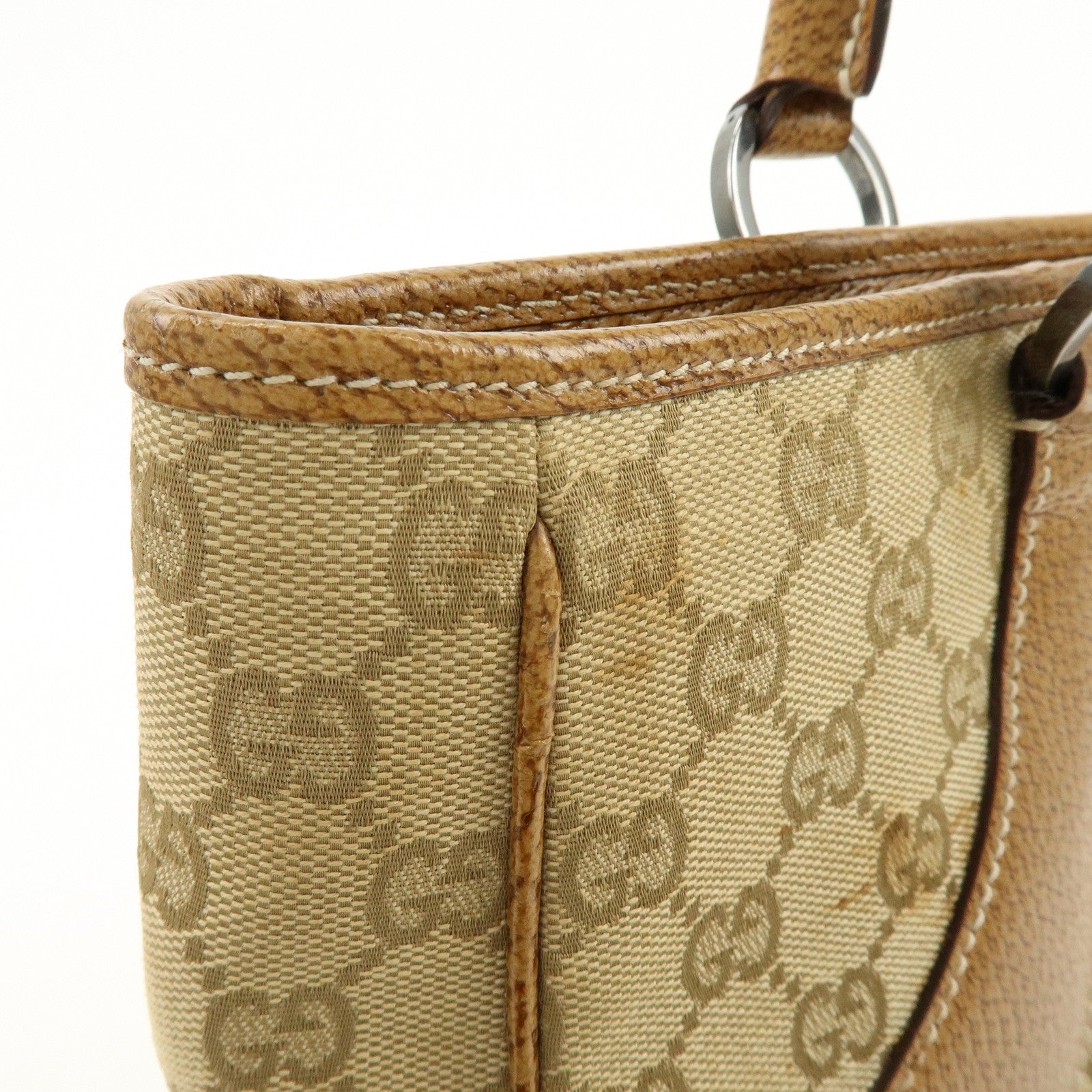 GUCCI GG Canvas Leather Tote Bag Hand Bag Beige Camel 113011