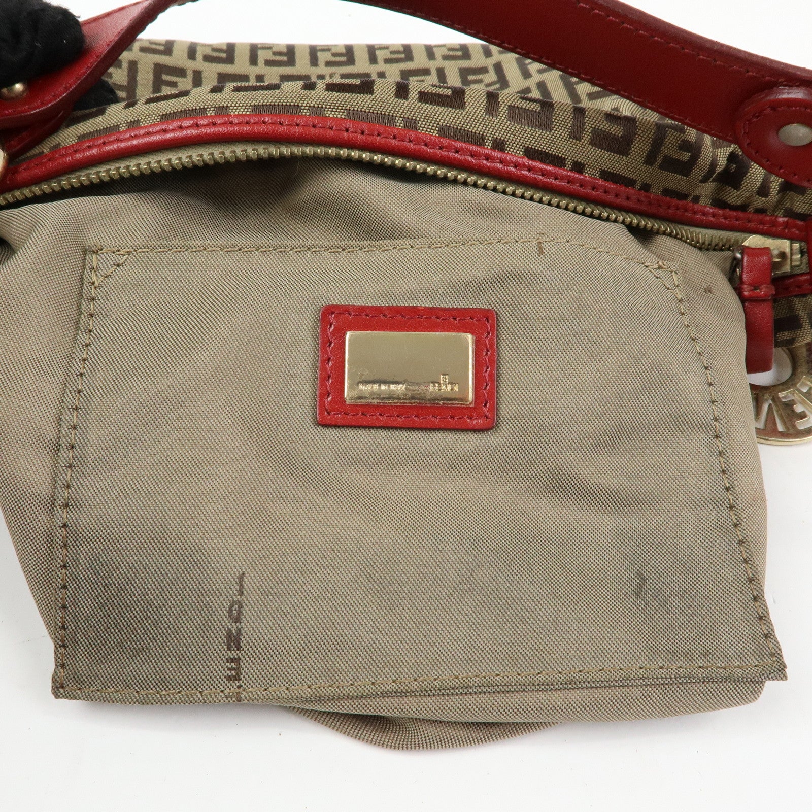 FENDI Zucca Canvas Leather Hand Bag Shoulder Bag Beige Red 8BR464