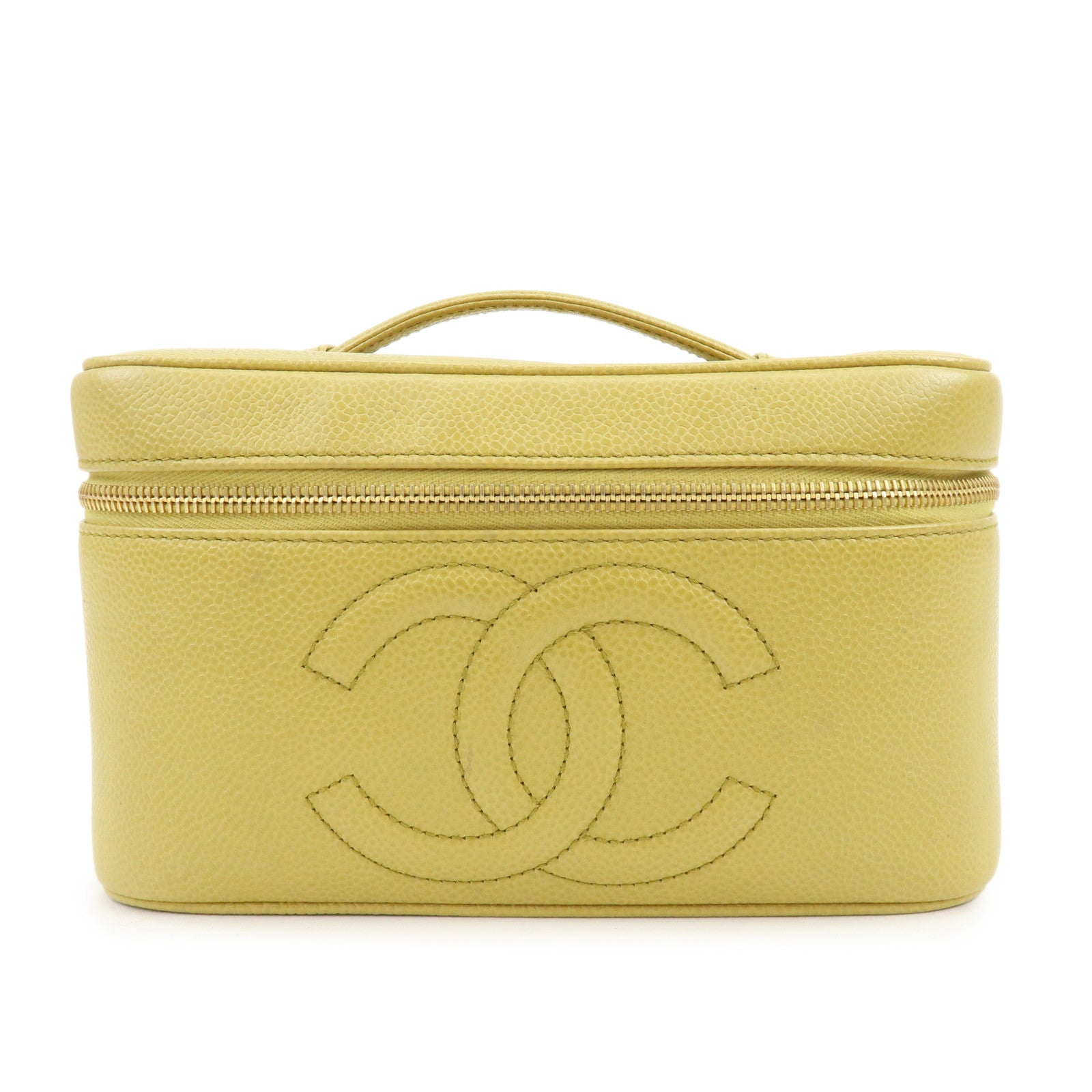 CHANEL Caviarskin Hand Bag Vanity Bag Cosmetic Pouch Lime Yellow