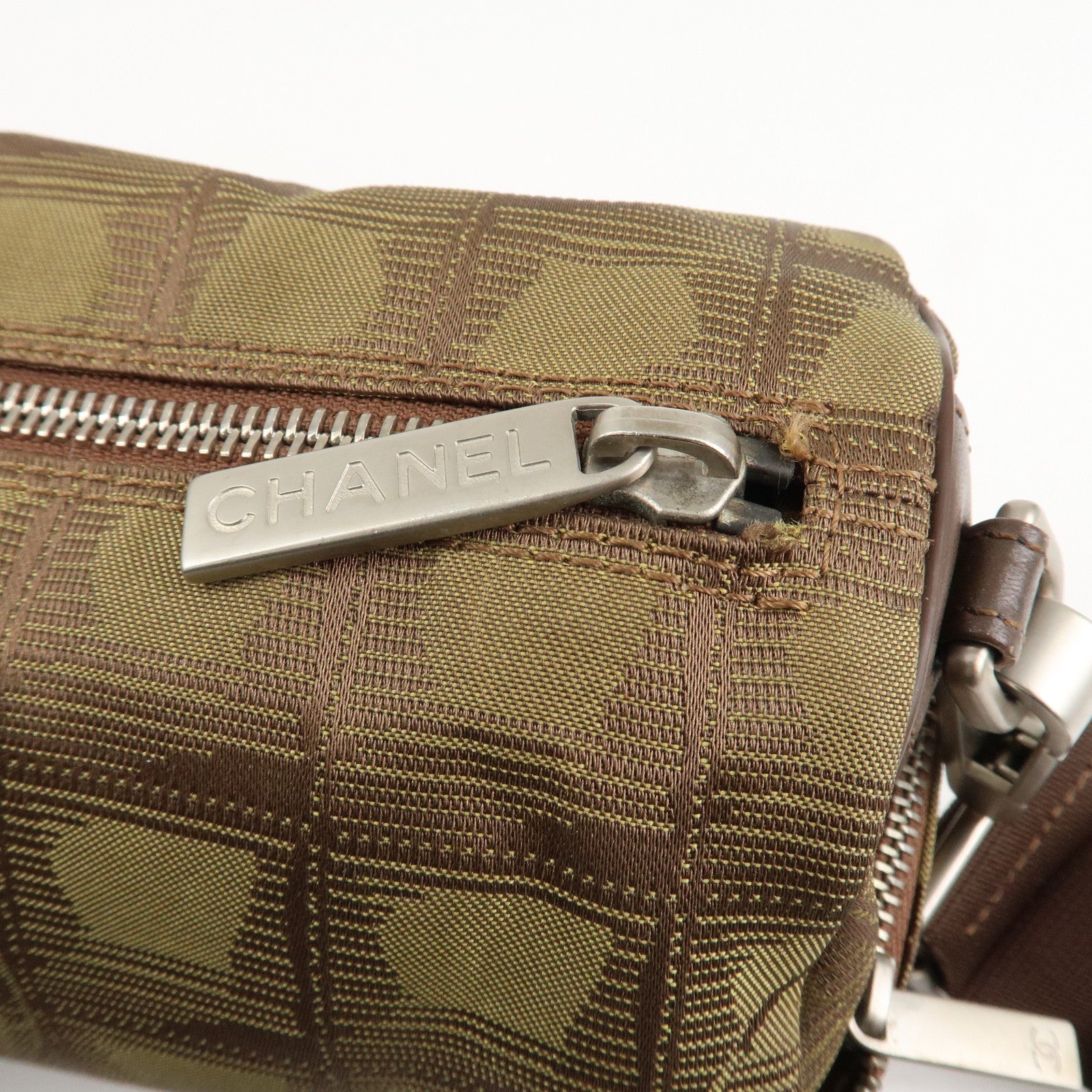 CHANEL New Travel Line Nylon Jacquard Shoulder Bag Khaki Used