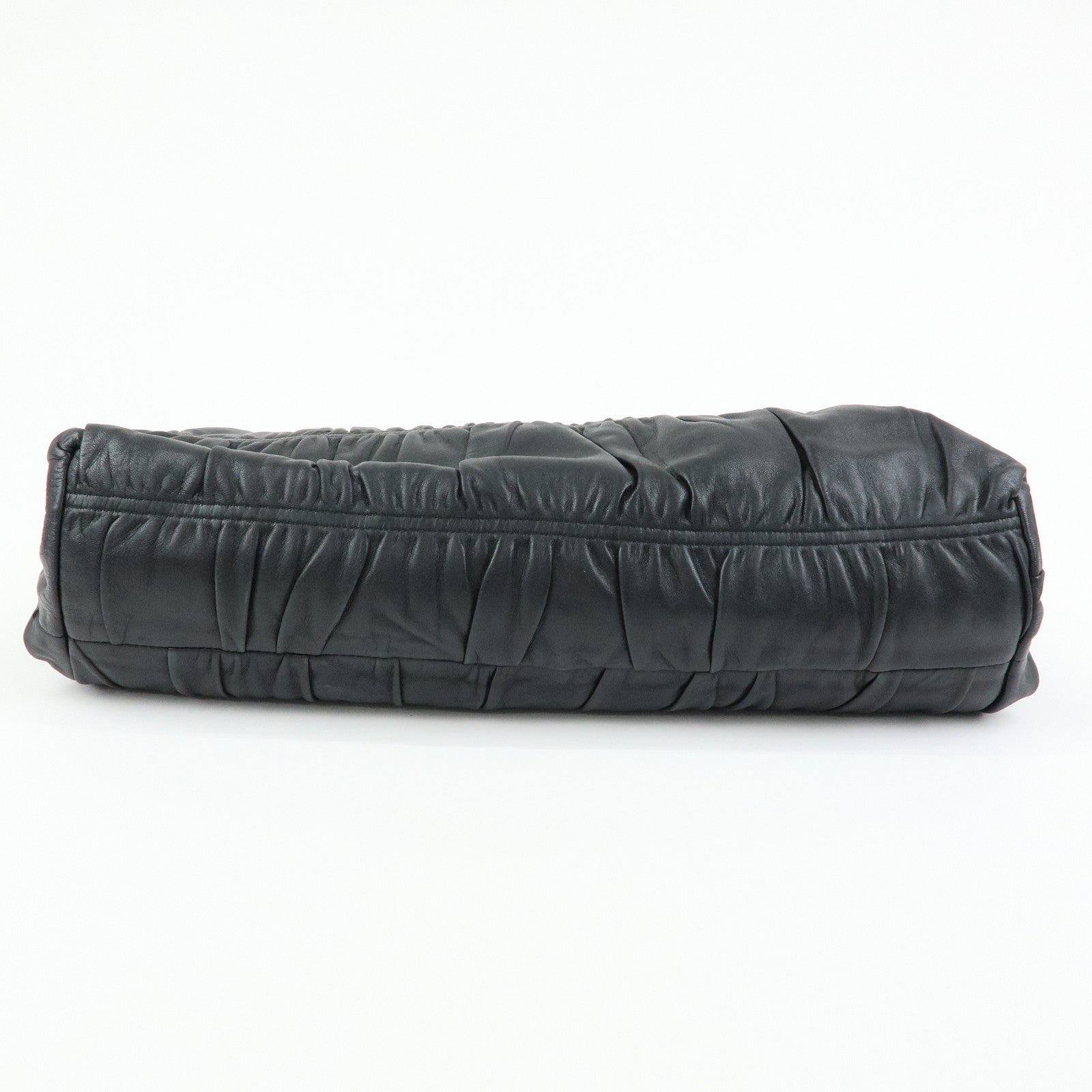 PRADA Logo Leather Gathered Tote Bag Hand Bag Black