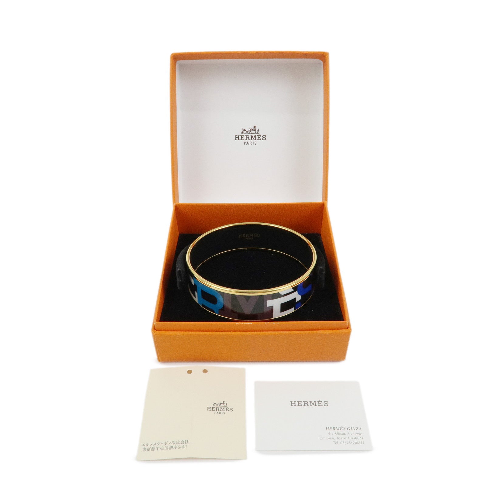 HERMES Email GM Gold Plated Bangle Bracelet Black Multicolor