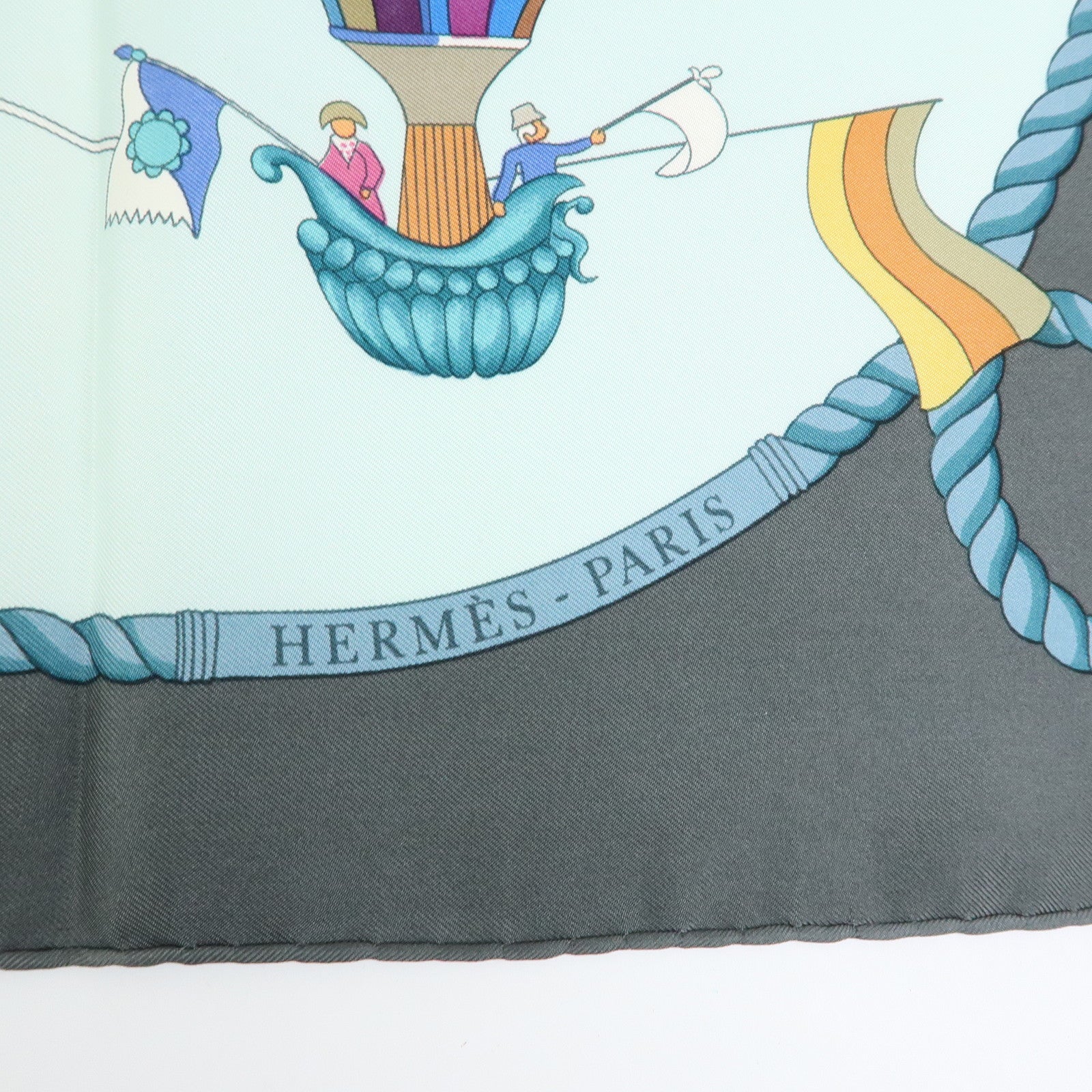 HERMES Carre 90 Silk 100% Scarf LES FOLIES DU CIEL Light Green Gray