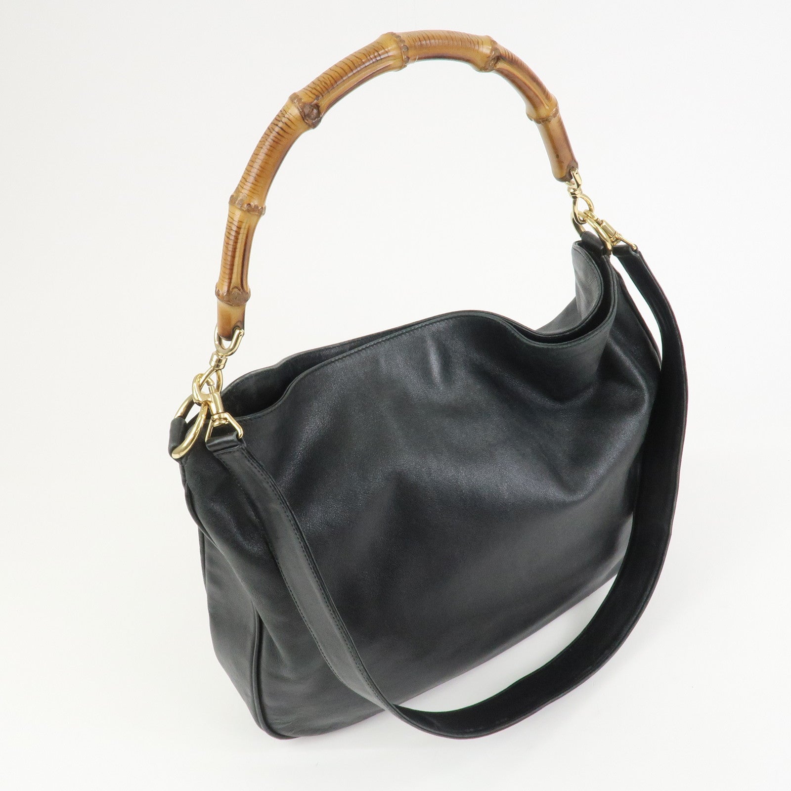 GUCCI Bamboo Leather 2Way Hand Bag Shoulder Bag Black 001郢晢ｽｻ2852