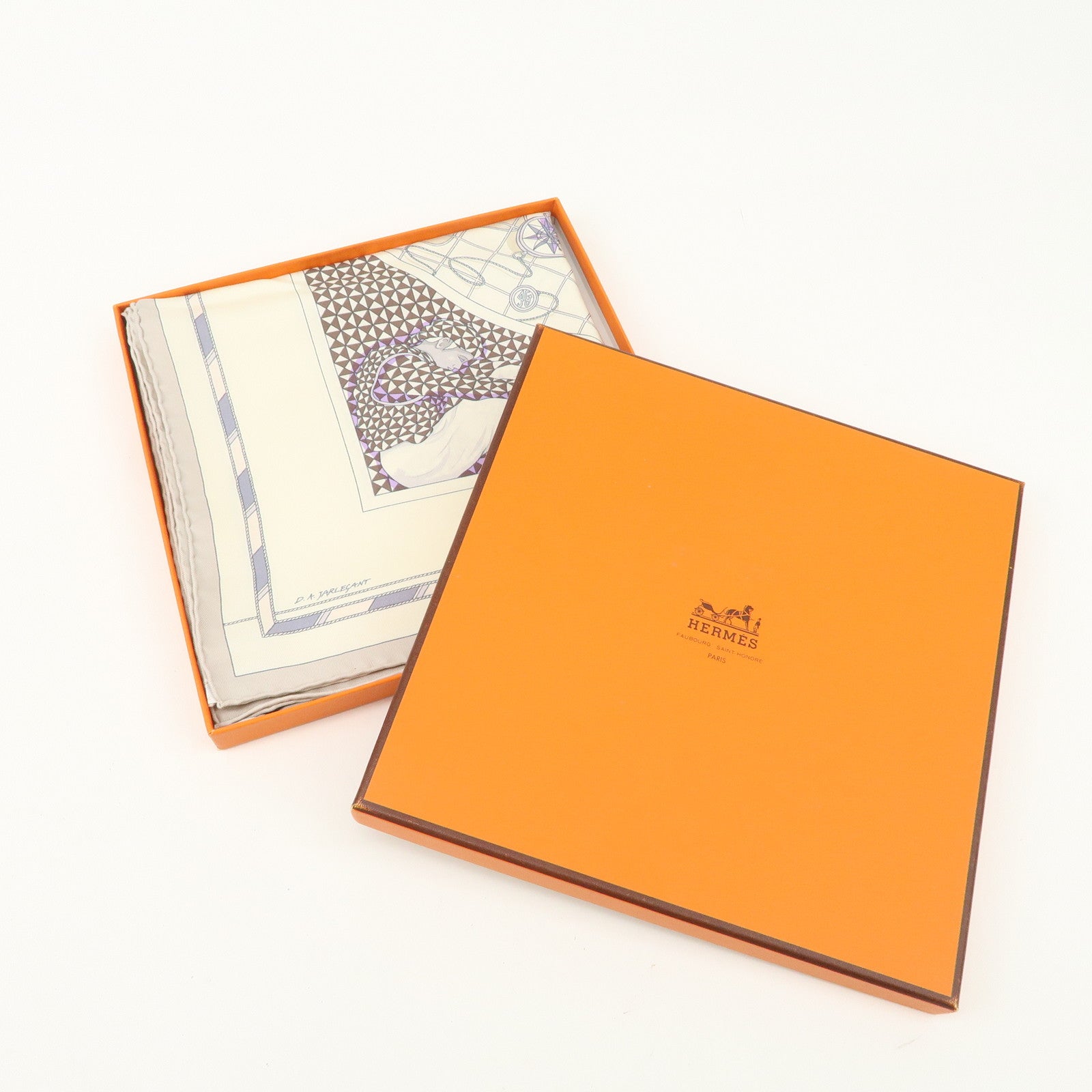 HERMES Carre 90 Silk 100% Scarf VOYAGE au LONGCOURS Ivory Used