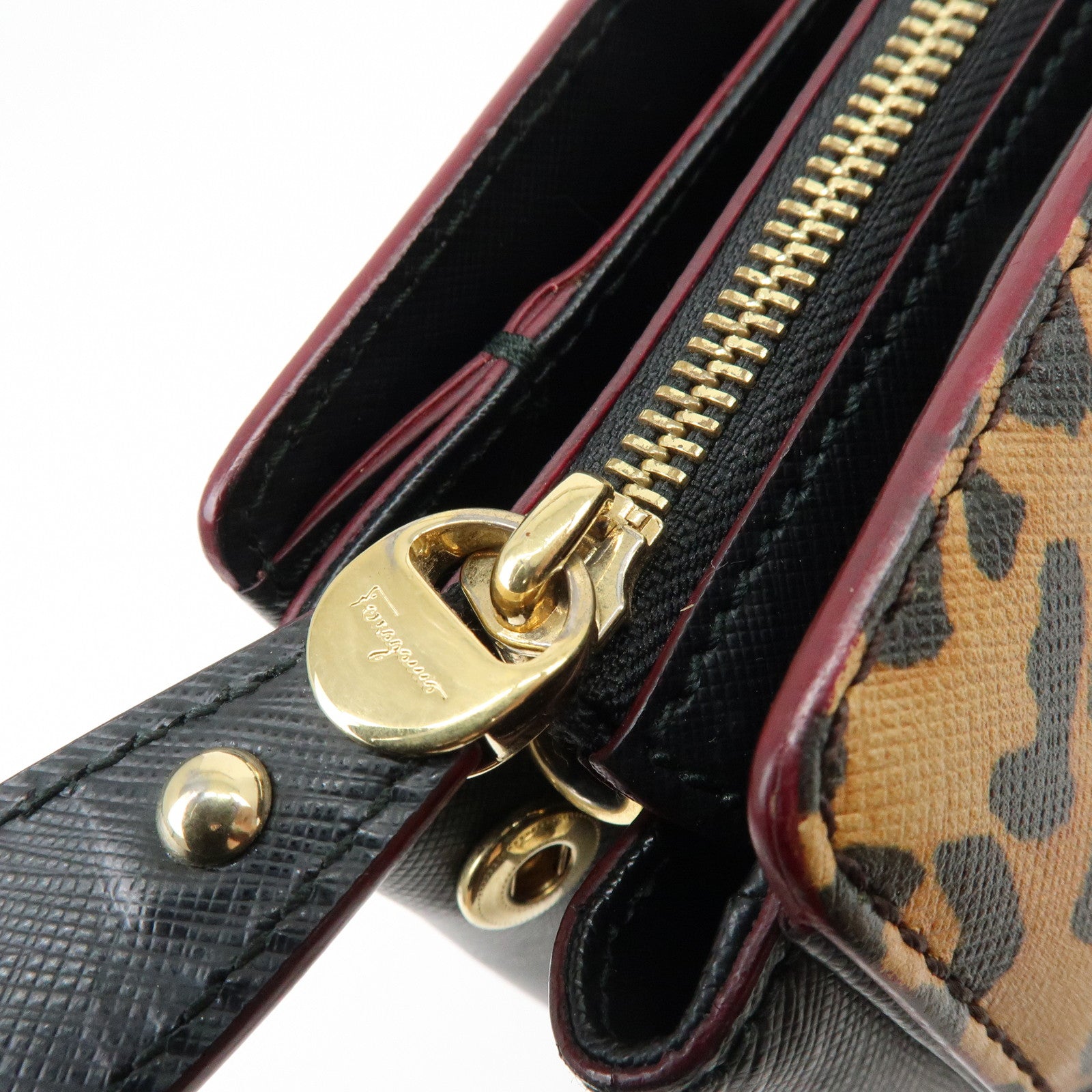Ferragamo Gancini Leather 2Way Bag Hand Bag Leopard Motif Black