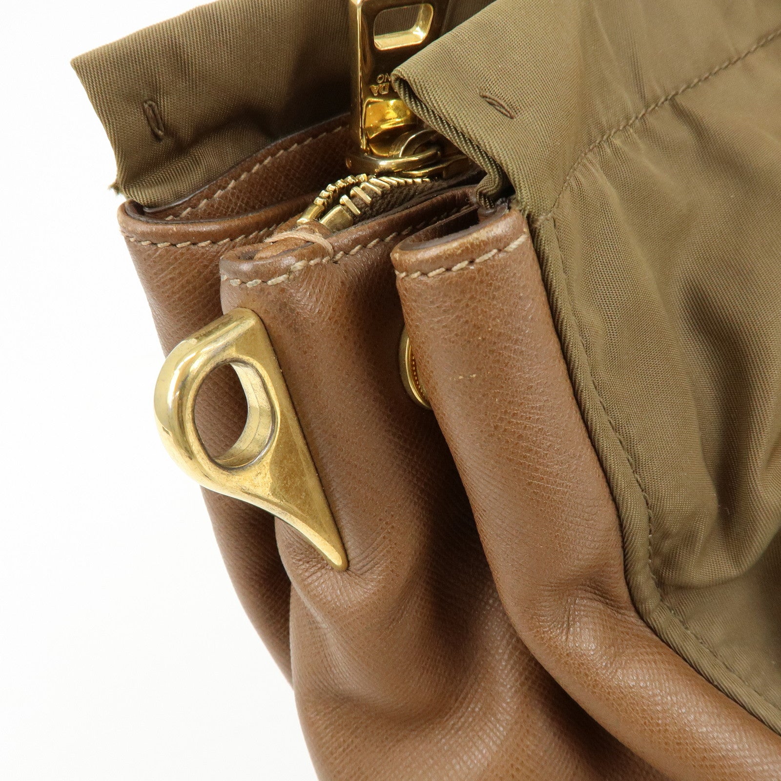 PRADA Triangle Logo Nylon Saffiano Leather 2Way Bag Khaki Brown