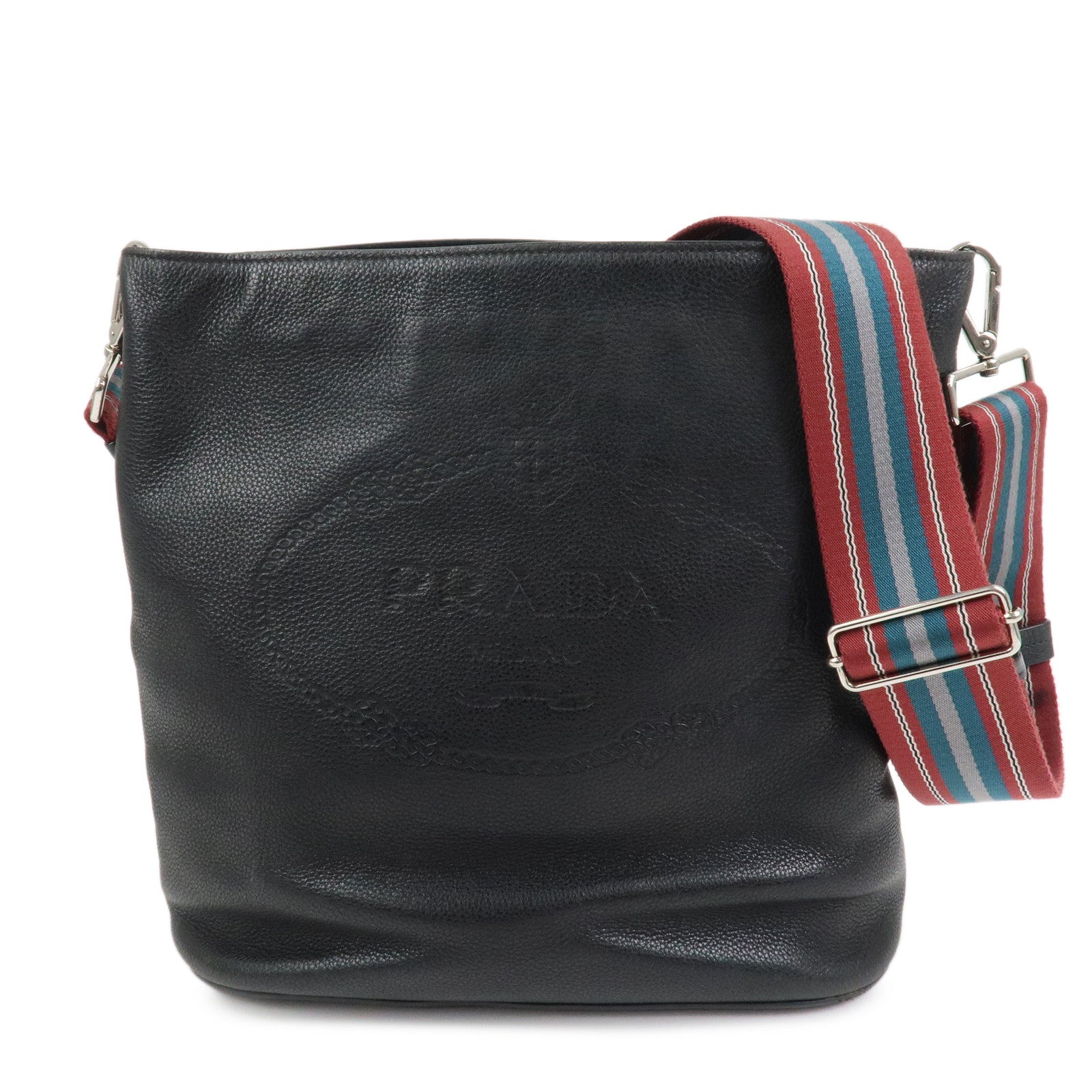 PRADA Logo Calf Leather Shoulder Bag Bucket Bag Black 1BE057
