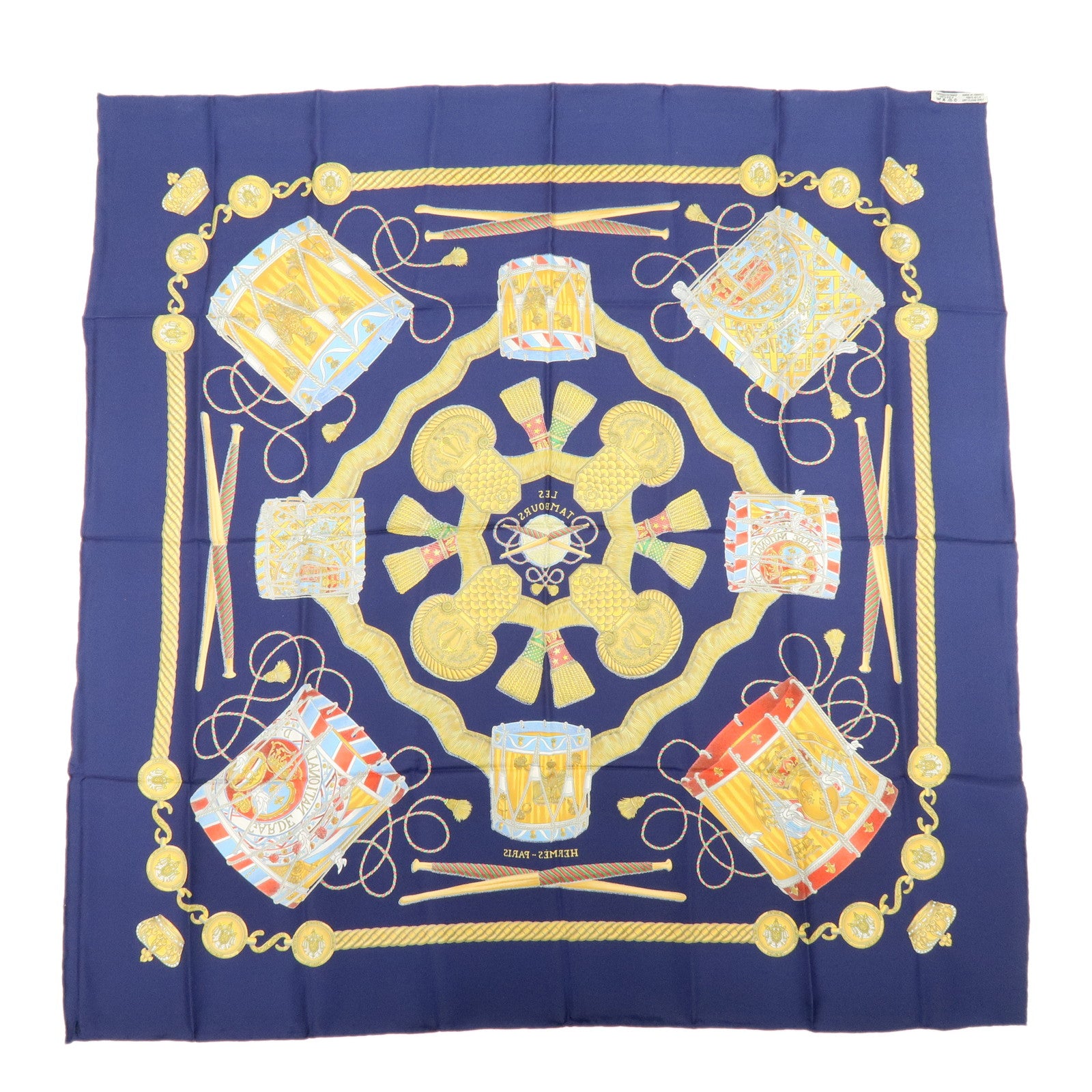 HERMES Carre 90 Silk 100% Scarf  LES TAMBOURS Navy Gold