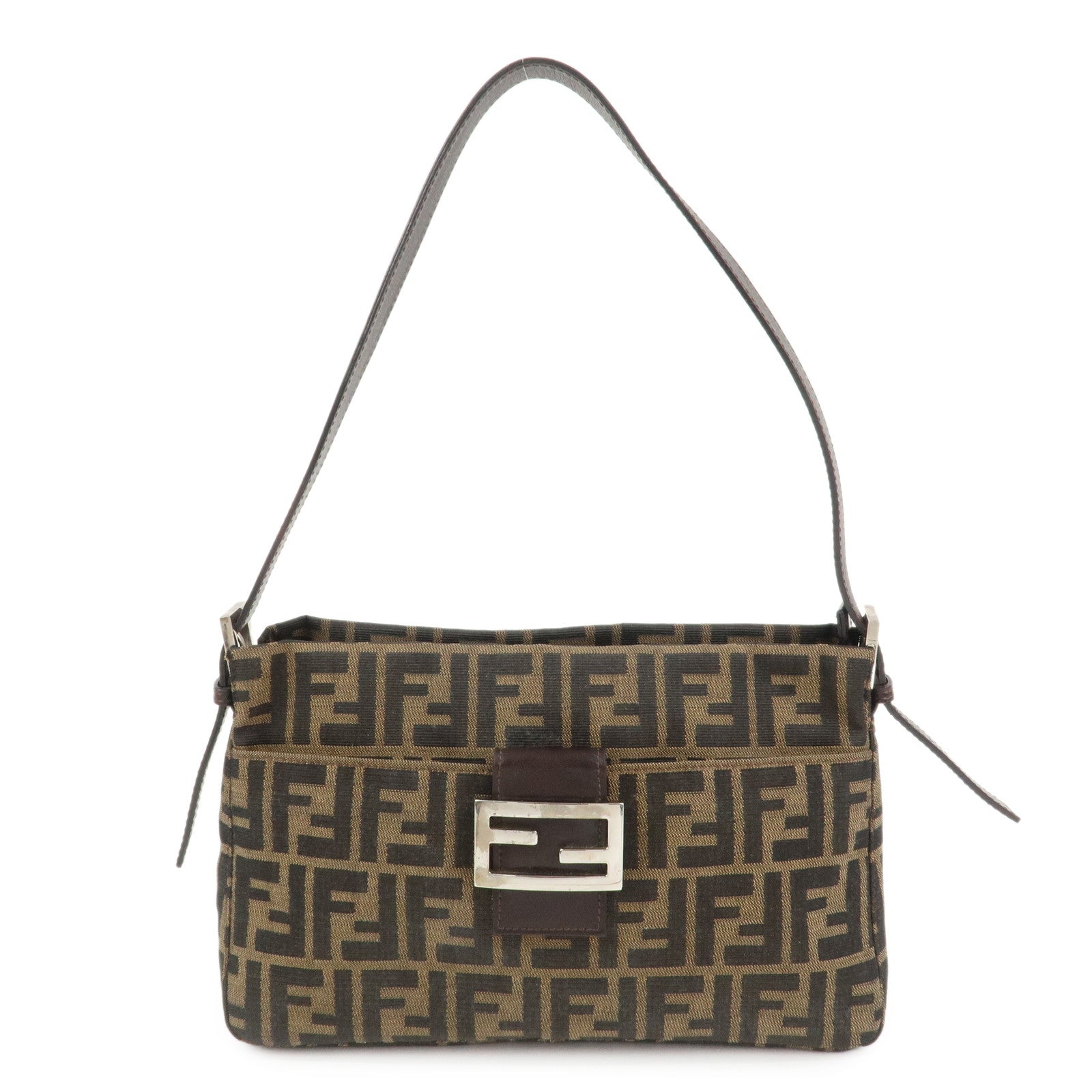 FENDI Zucca Canvas Leather Shoulder Bag Brown Black 26566