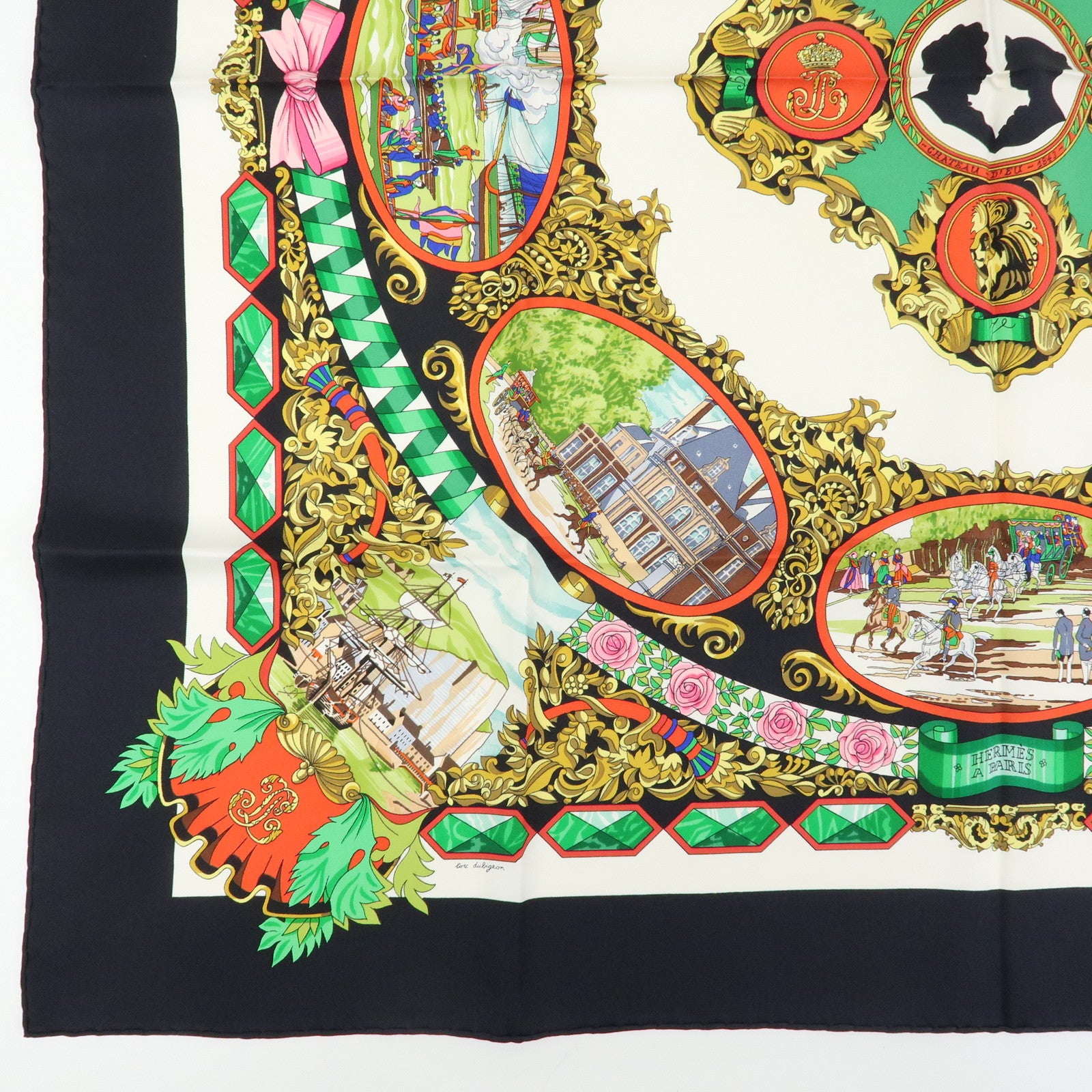 HERMES Carre 90 Silk100% Scarf L'Entente Cordiale Black White Green