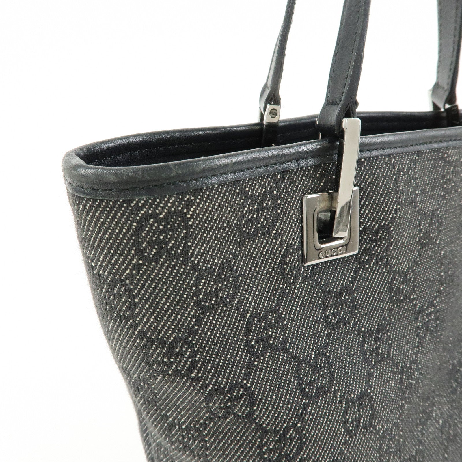 GUCCI GG Denim Leather Tote Bag Shoulder Bag Black 31244