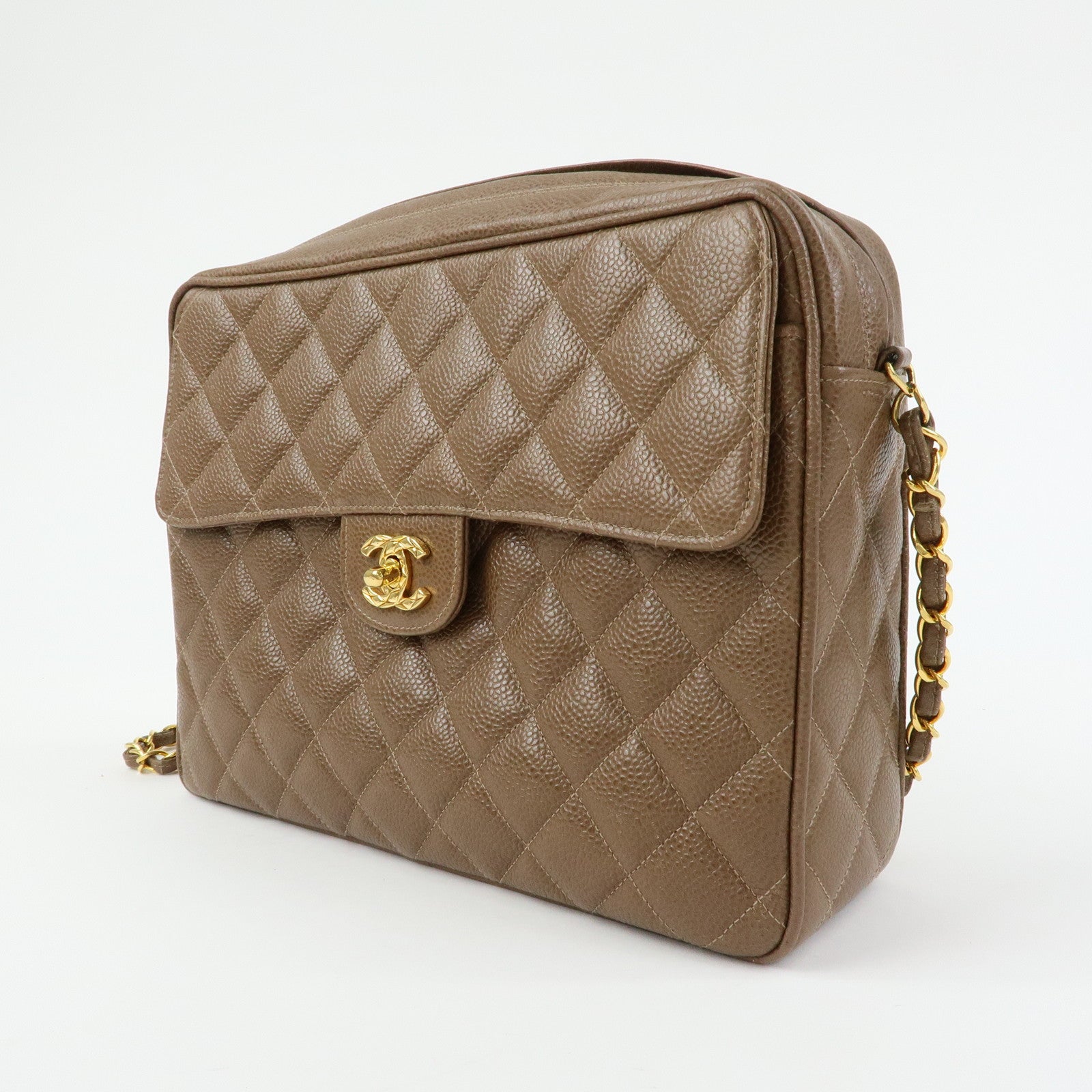 CHANEL Matelasse Cavairskin Chain Shoulder Bag Light Brown Marron