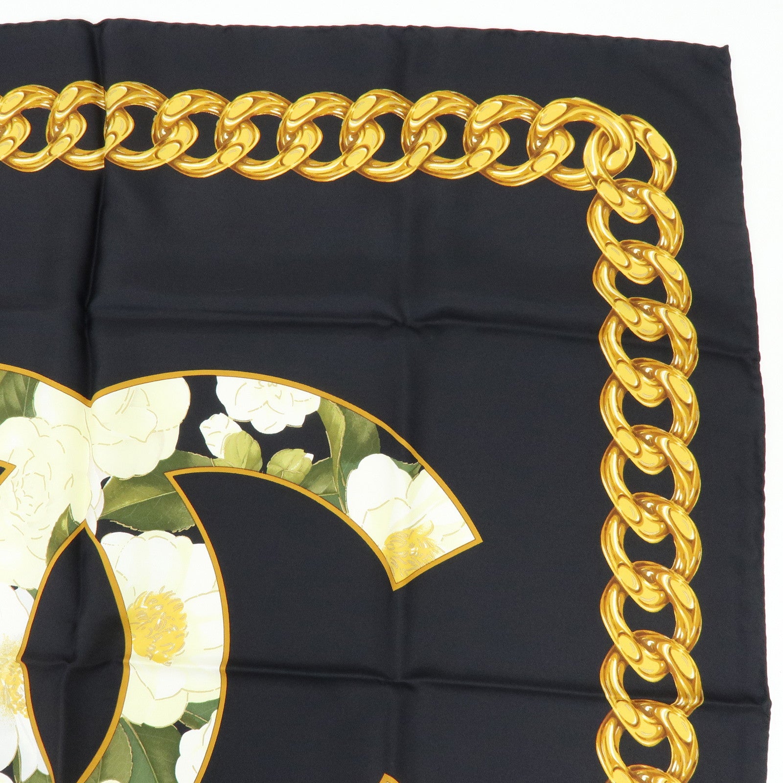 CHANEL COCO Mark Silk 100% Scarf Camellia Black Gold