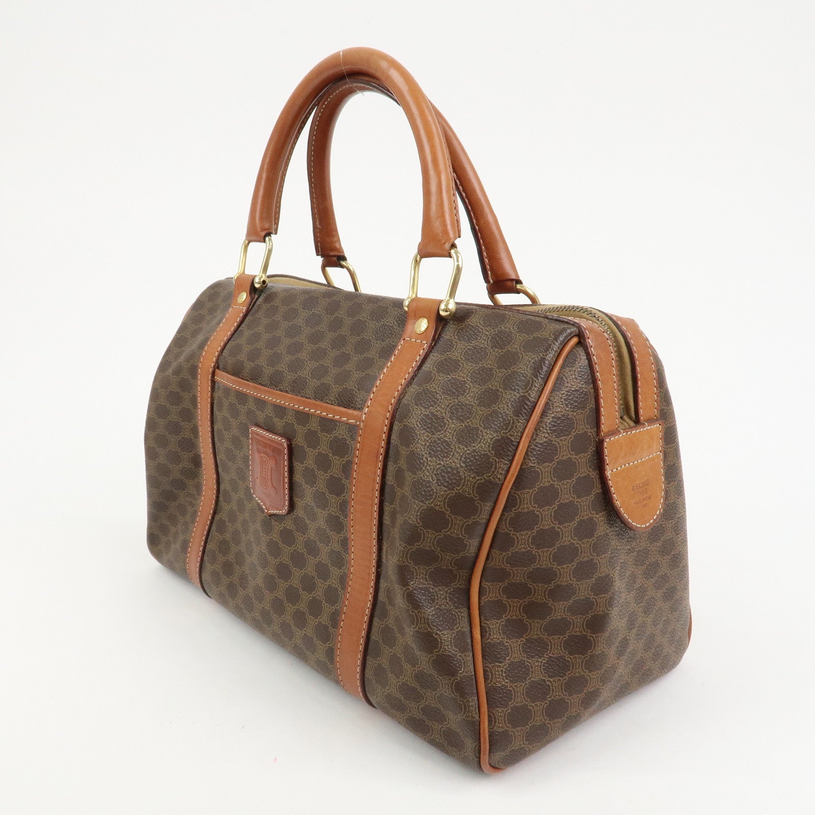 CELINE Macadam PVC Coating Canvas Leather Boston Bag Brown