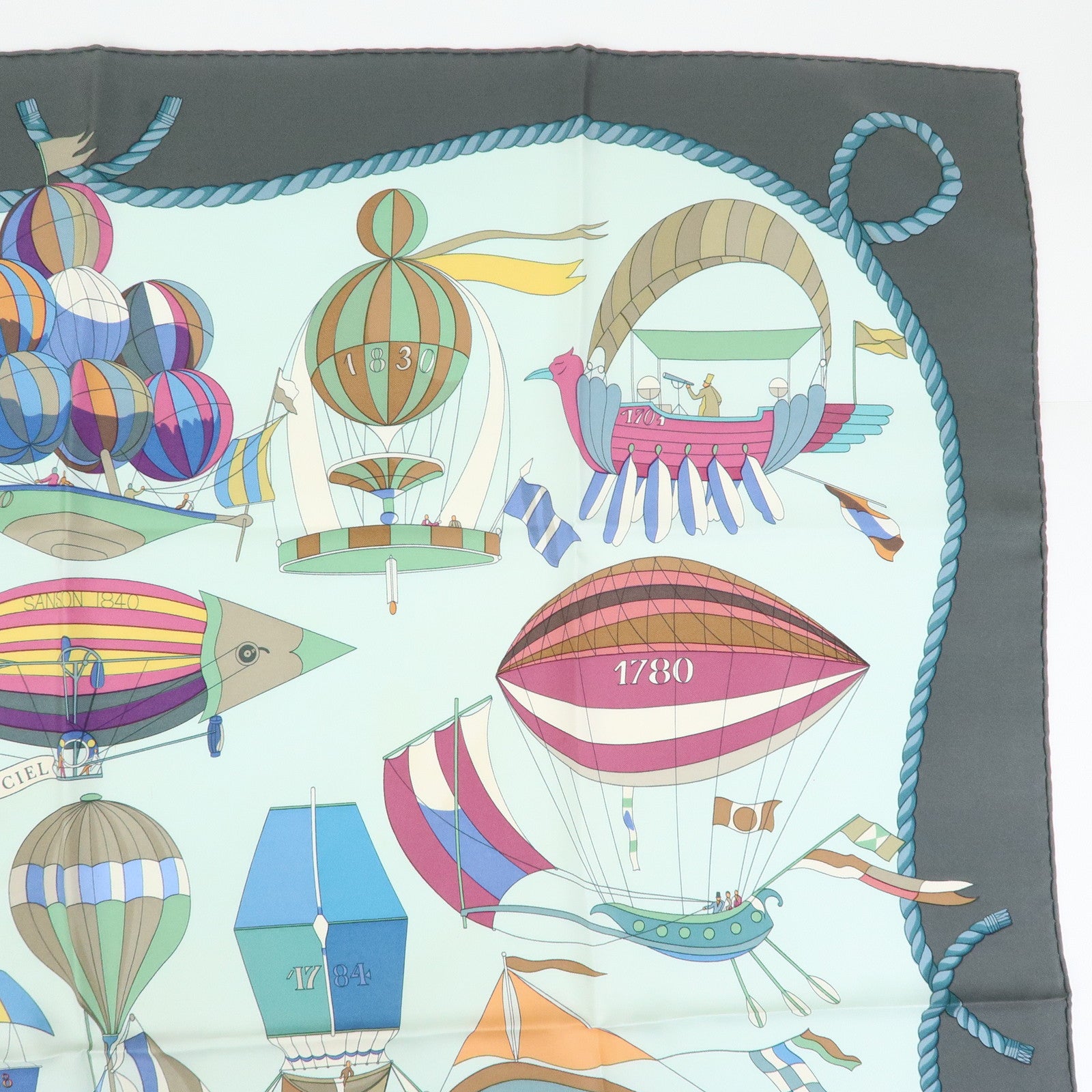 HERMES Carre 90 Silk 100% Scarf LES FOLIES DU CIEL Light Green Gray