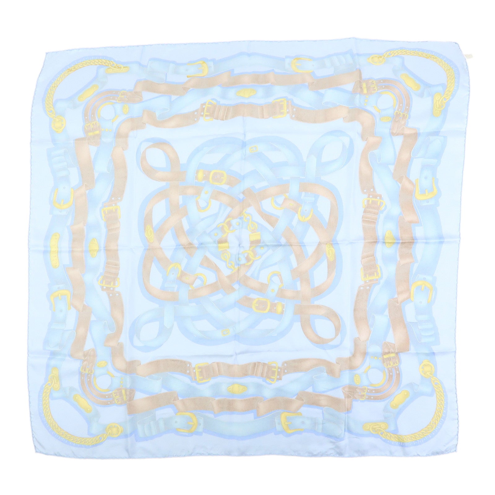 GUCCI Silk 100% Scarf 90x90 Strap Motif Light Blue Brown
