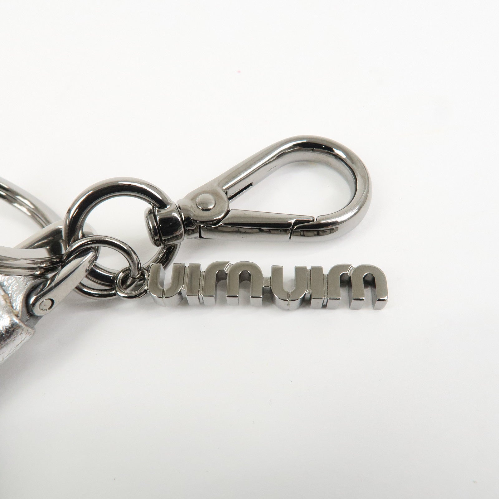 MIU MIU Heart Motif Glitter Leather Key Chain Bag Charm Silver