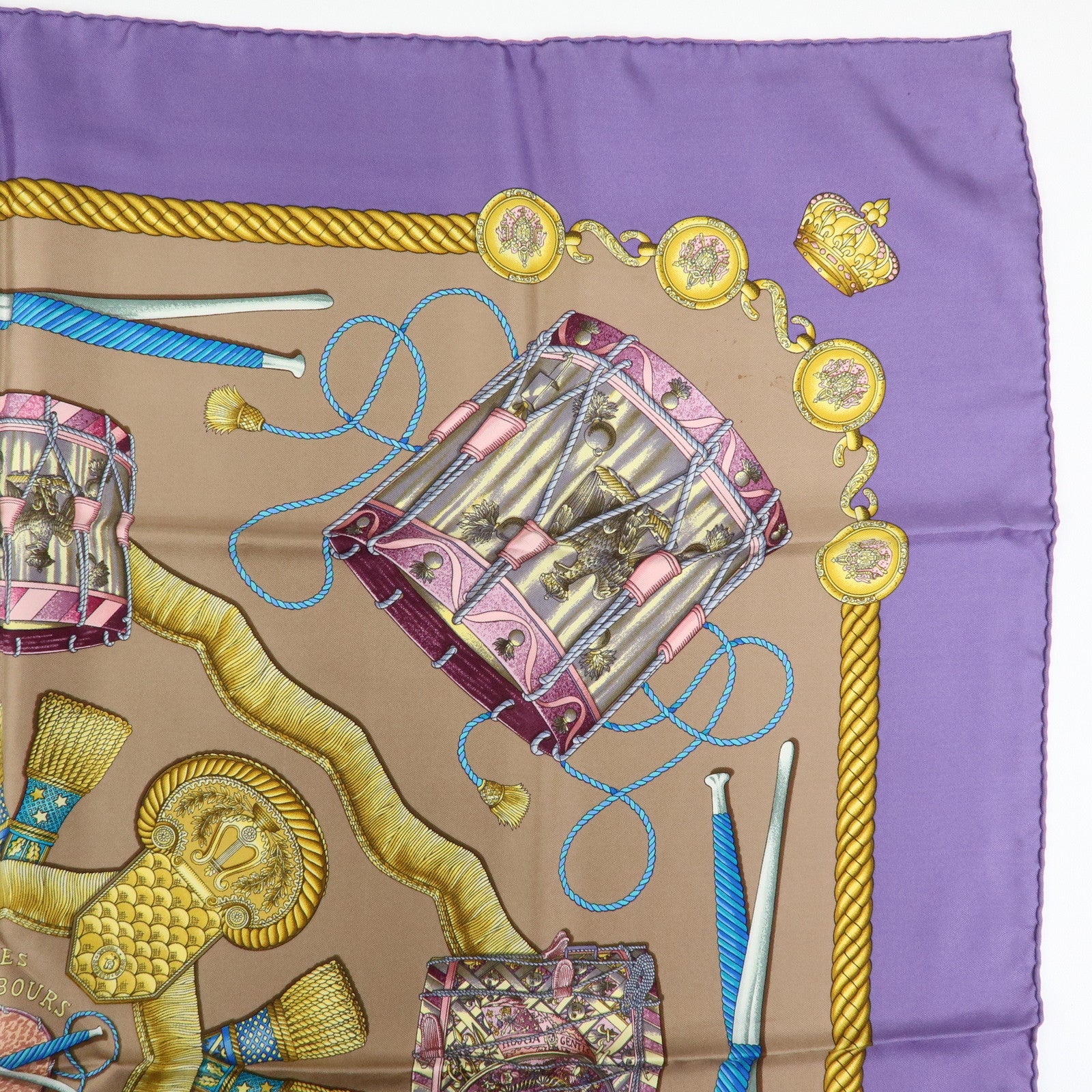 HERMES Carre 45 Silk 100% Scarf LES TAMBOURS Purple Pink Beige