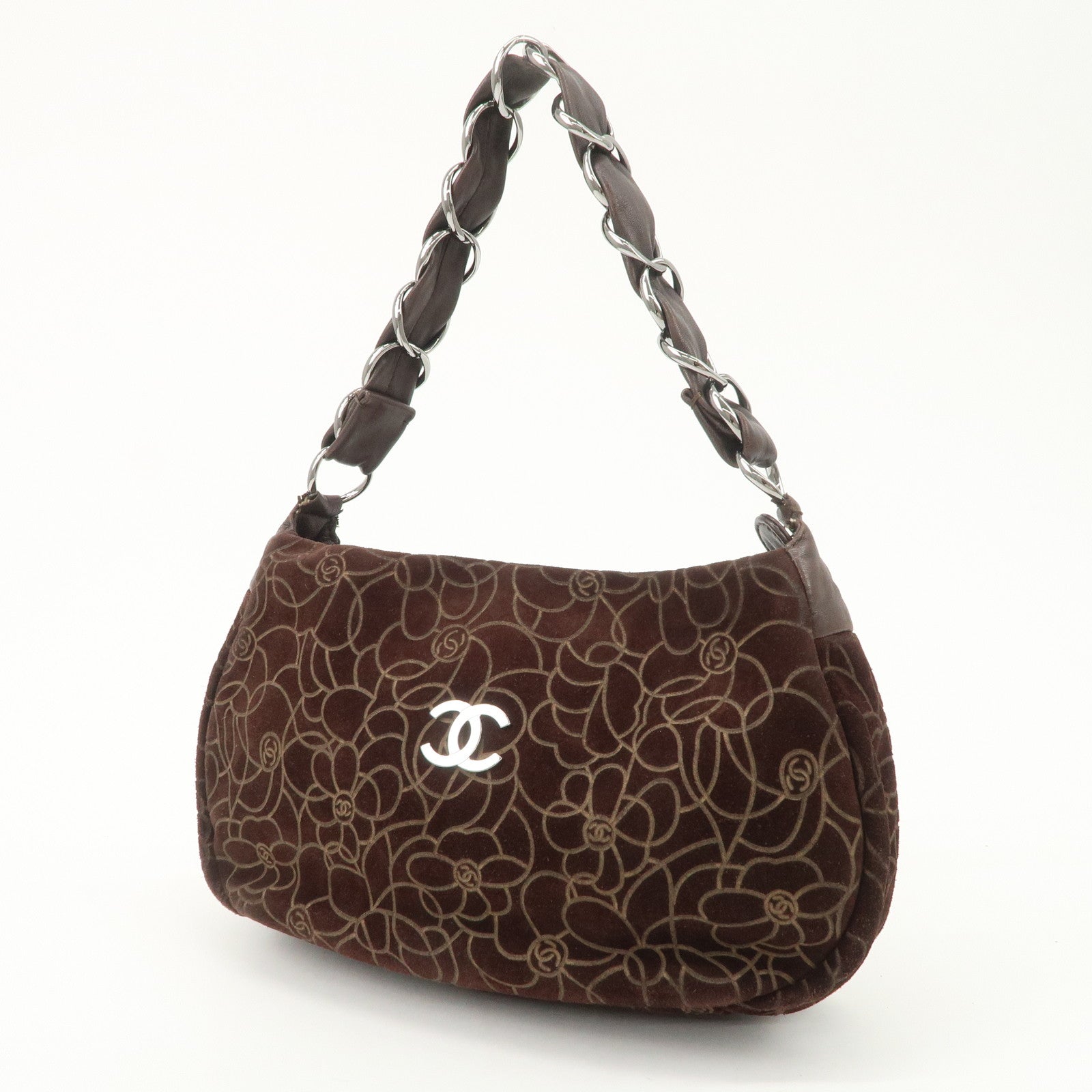 CHANEL Cameria Suede Shoulder Bag Brown Silver Hardware Used