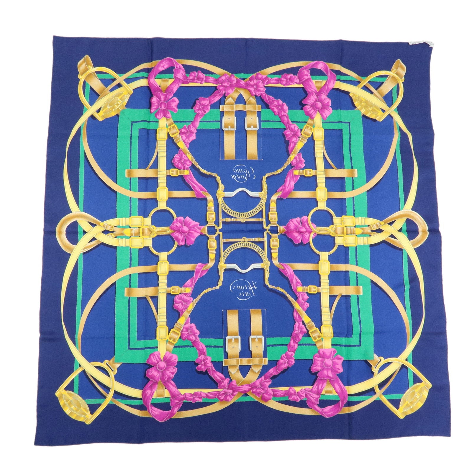 HERMES Carre 90 Silk 100% Scarf Grand Manege Detail Blue Gold
